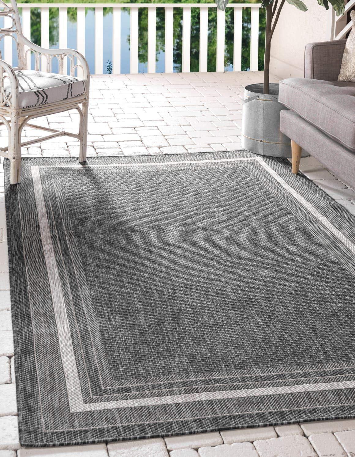 4' x 6' James Modern Border Stripe Indoor/Outdoor Area Rug, Black/Cream - JONATHAN Y