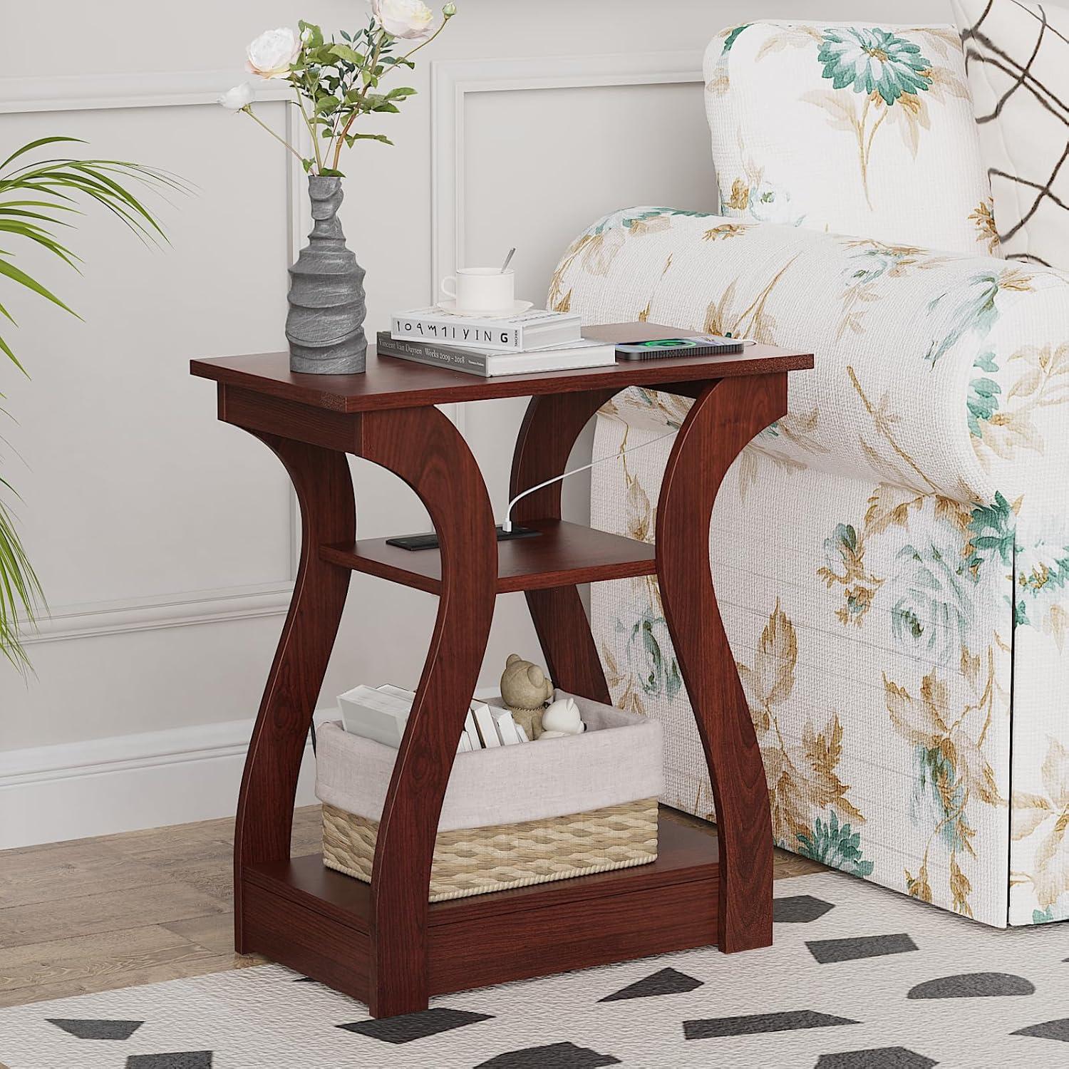 End Table Set of 2 Side Table with Charging Station, Side Table with USB Ports and Outlets, Nightstand, 3 Tier End Table with Storage Shelf for Living Room, Bedroom (Cherry)