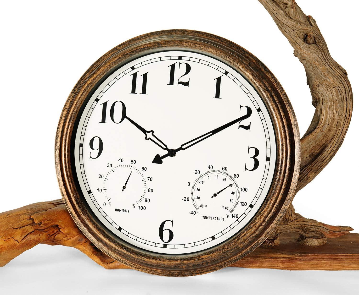 16 Inch Large Outdoor Wall Clock,Waterproof Vintage Non-Ticking Clock with Thermometer and Hygrometer Combo,Battery Operated Clock Wall Decorative- Bronze