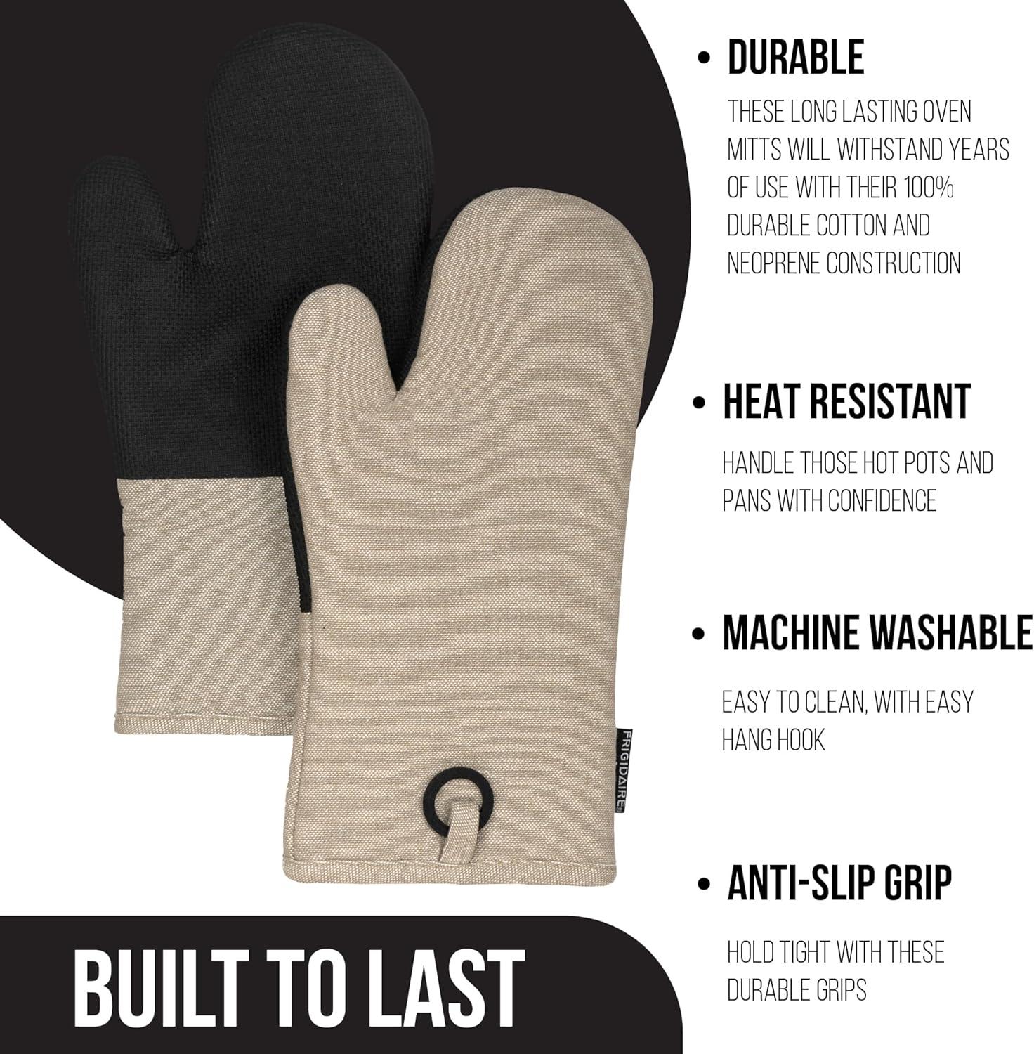 Frigidaire Sasha Cotton and Neoprene Oven Mitts, Heat Resistant, Anti-Slip, Machine Washable,13”x7”,Beige,Set of 2
