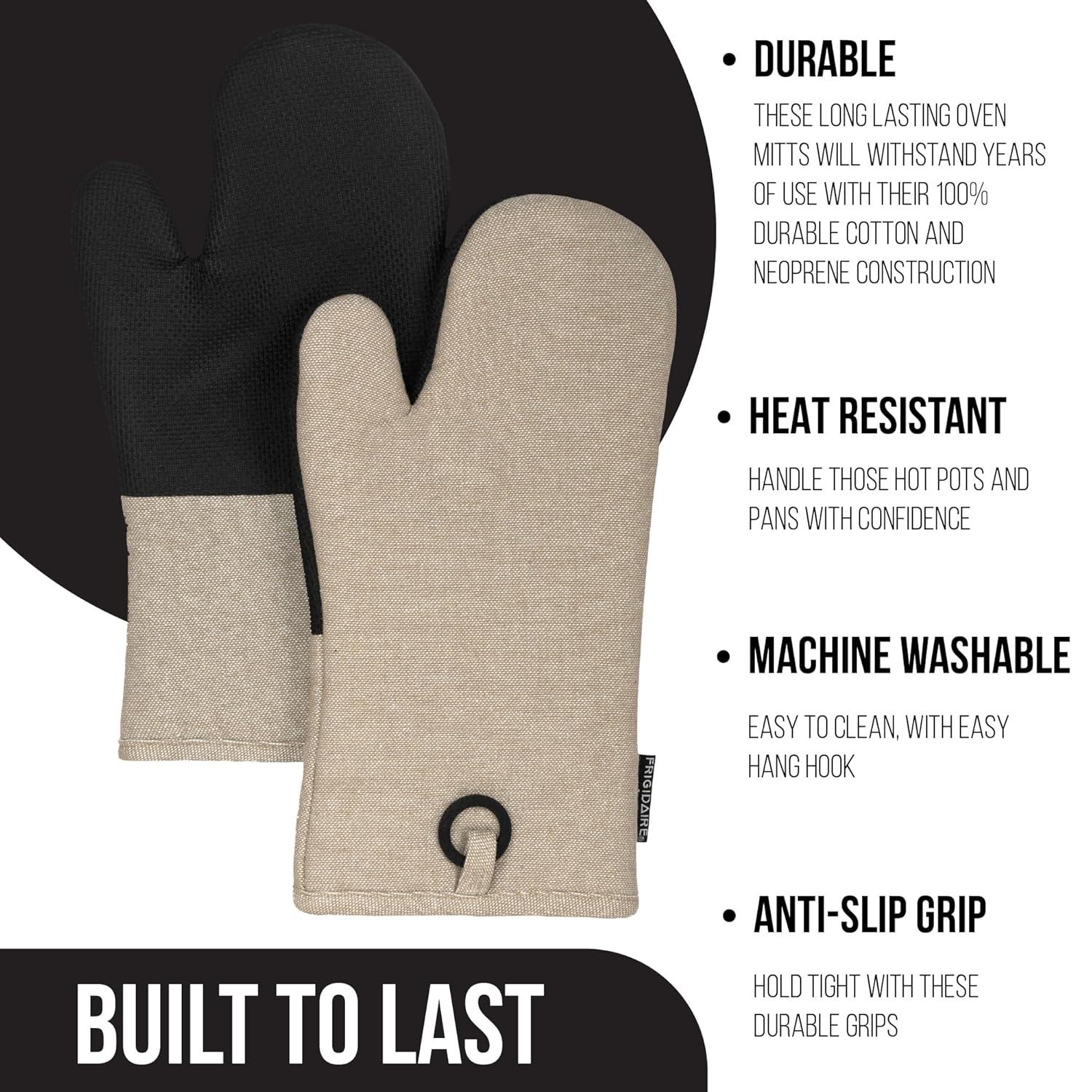Frigidaire Sasha Cotton and Neoprene Oven Mitts, Heat Resistant, Anti-Slip, Machine Washable,13”x7”,Beige,Set of 2