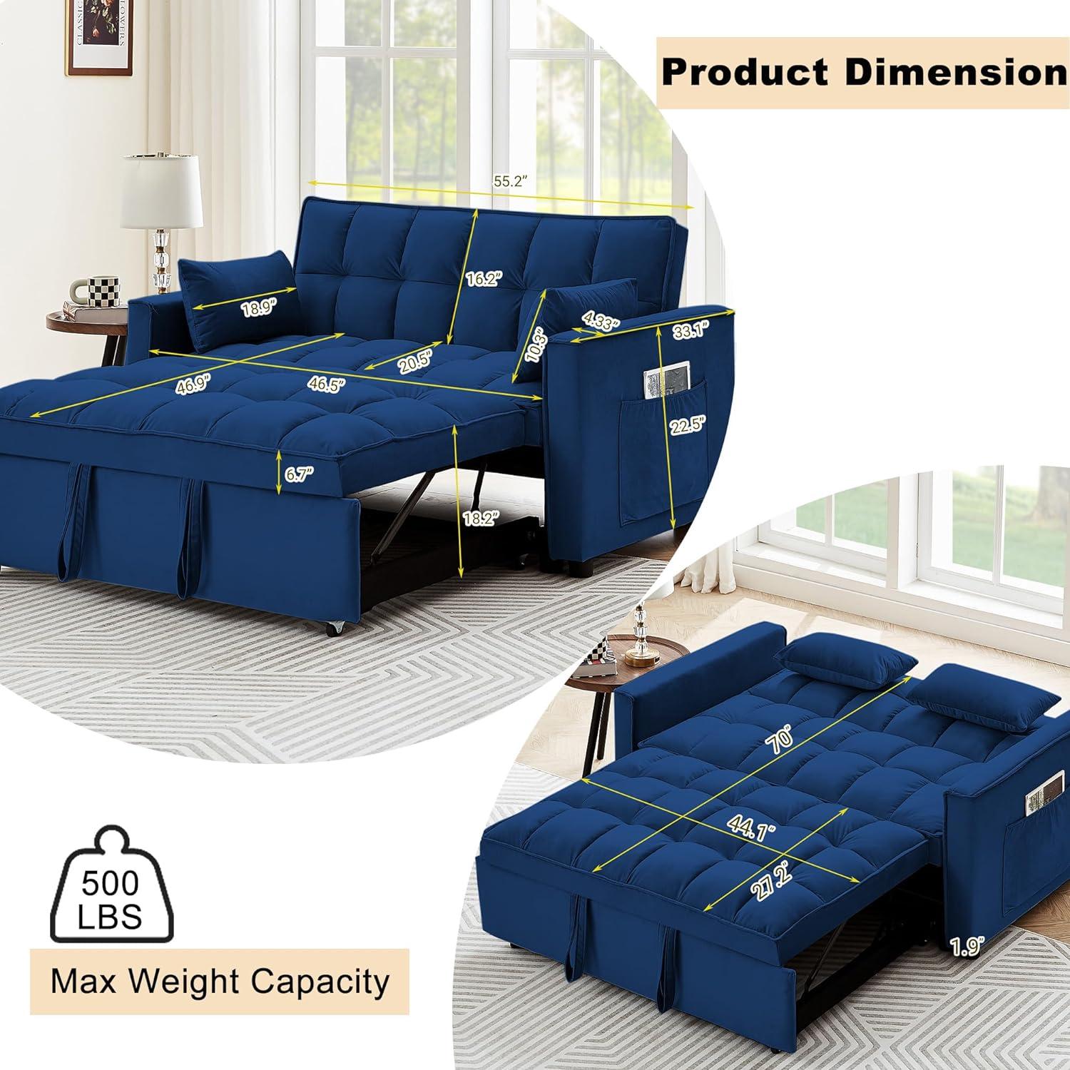 Blue Velvet Tufted Sleeper Sofa with Storage and Reclining Backrest