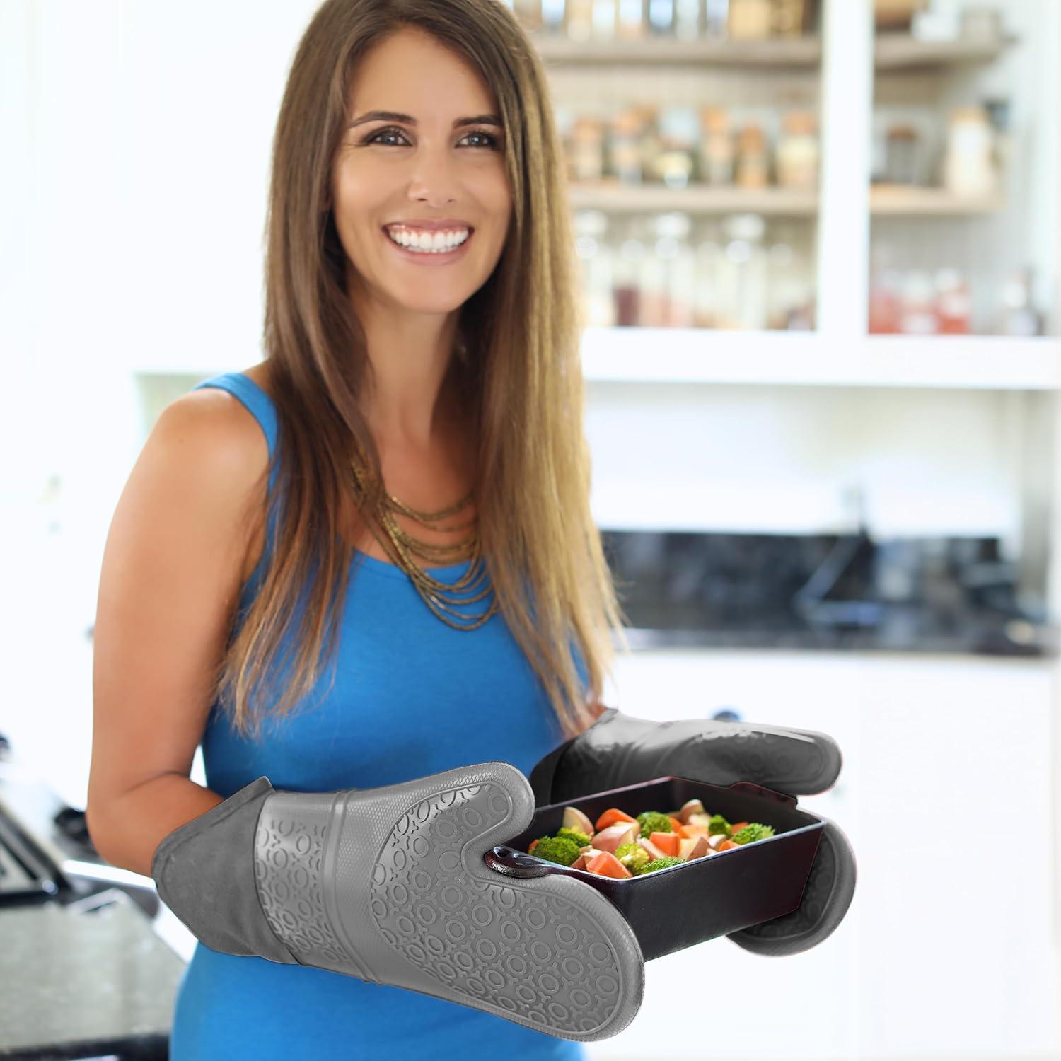 HOMWE Extra Long Professional Silicone Oven Mitt, Oven Mitts with Quilted Liner, Heat Resistant Pot Holders, Flexible Oven Gloves, Gray, 1 Pair, 14.7 Inch