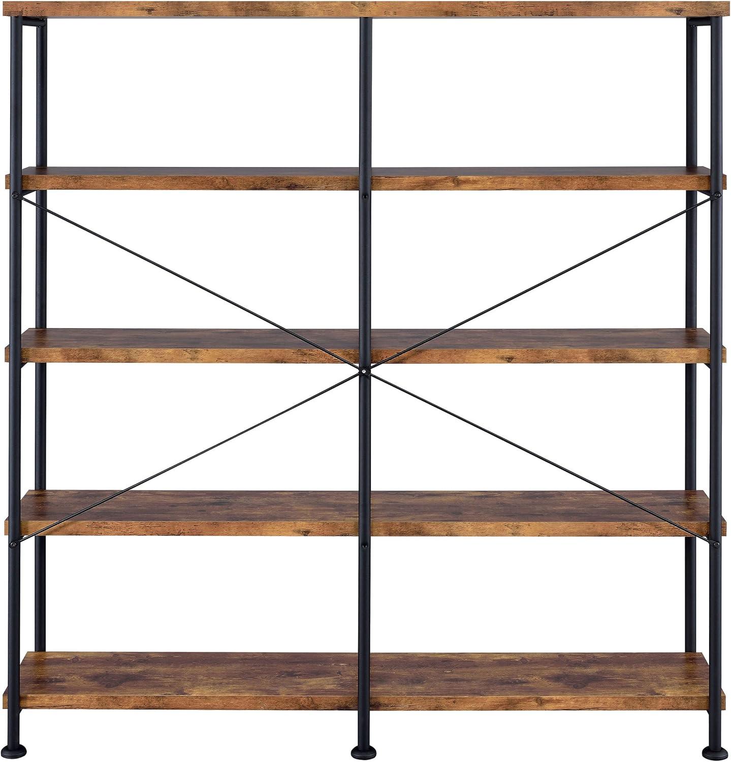 Contemporary 60'' Black and Antique Nutmeg Double Wide Bookcase