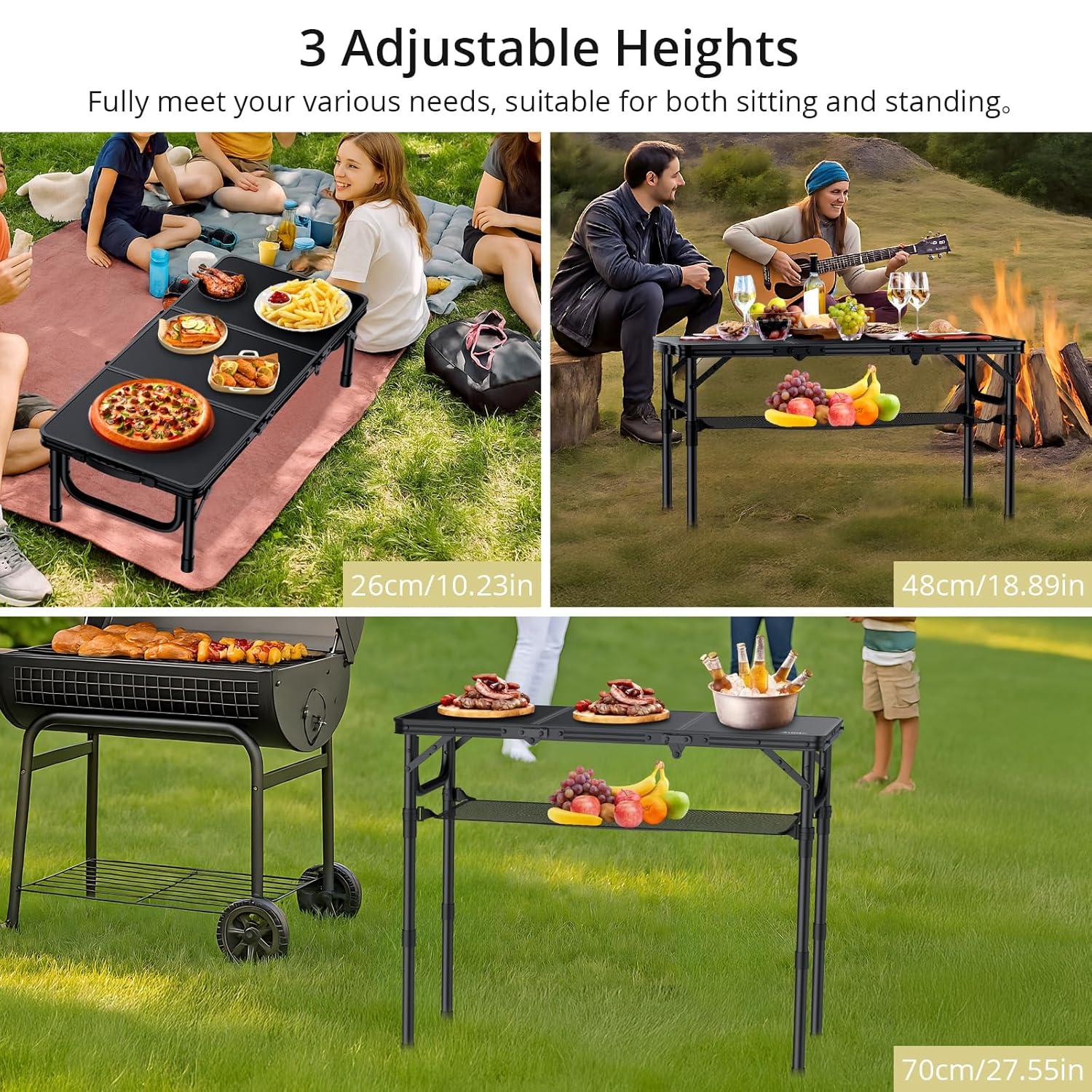 Black Aluminum Folding Camping Table with Adjustable Heights and Storage Net