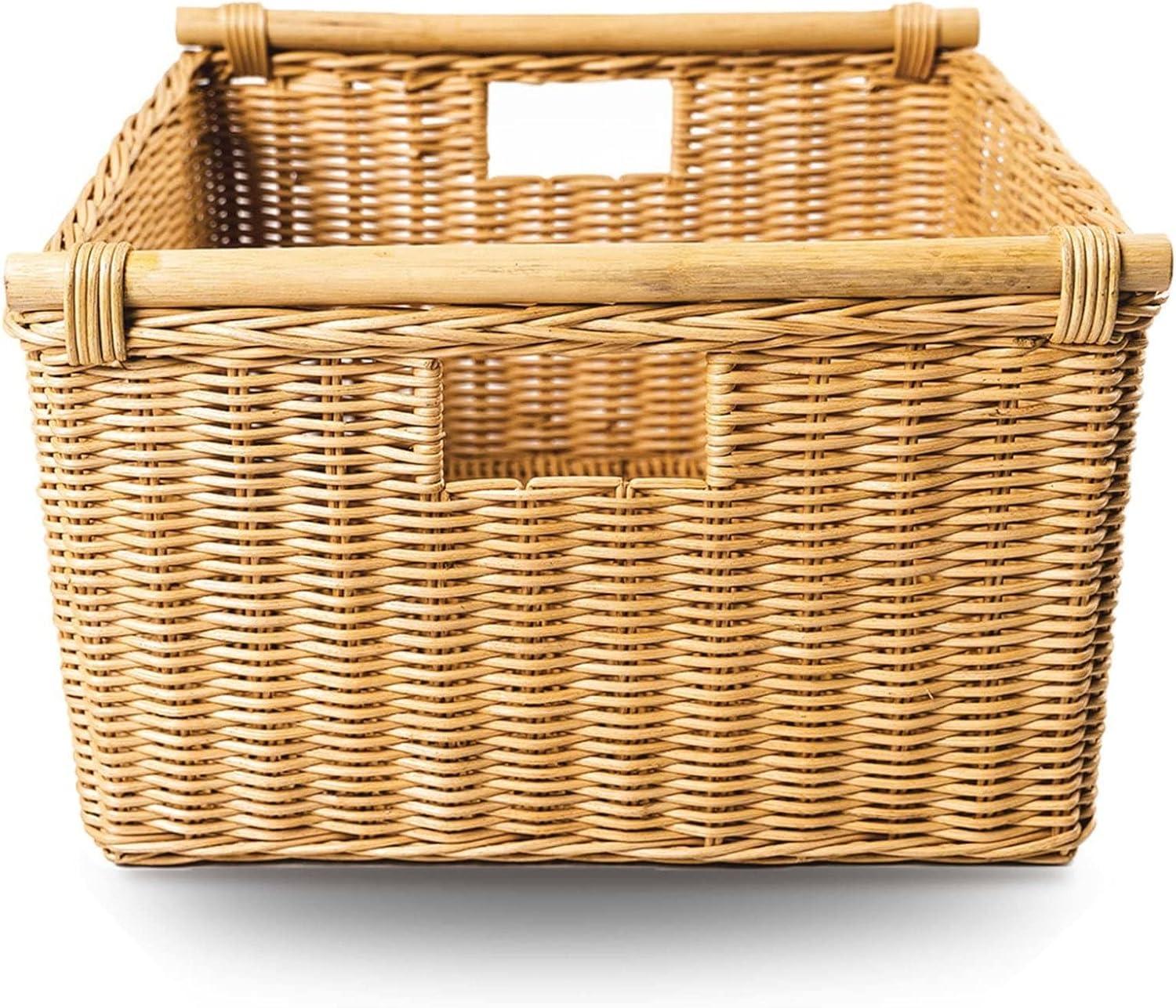 Drevy Deep Pole Handle Wicker Storage Basket, Large, 15 in L x 15.5 in W x 9.5 in H, Sandstone