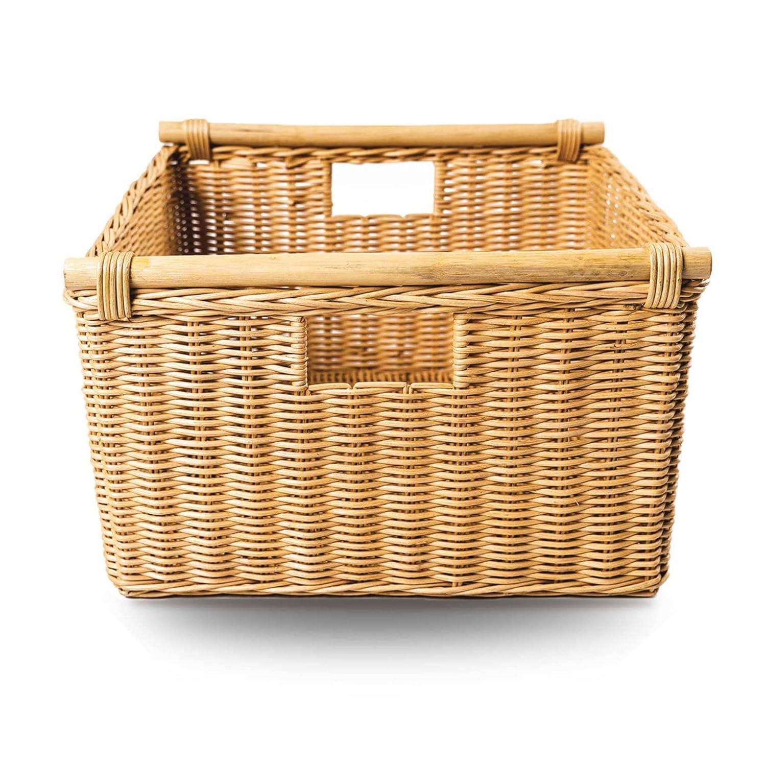 Drevy Deep Pole Handle Wicker Storage Basket, Large, 15 in L x 15.5 in W x 9.5 in H, Sandstone