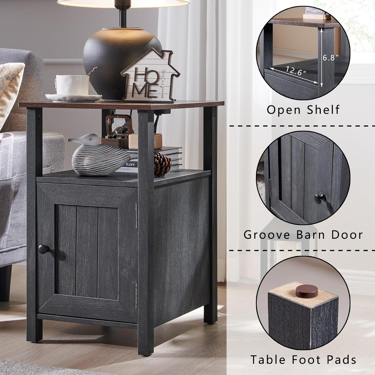 2 PCS Nightstand with Charging Station & Barn Door & Open Shelves，Farmhouse End Table for Bedroom, Living Room, Gray