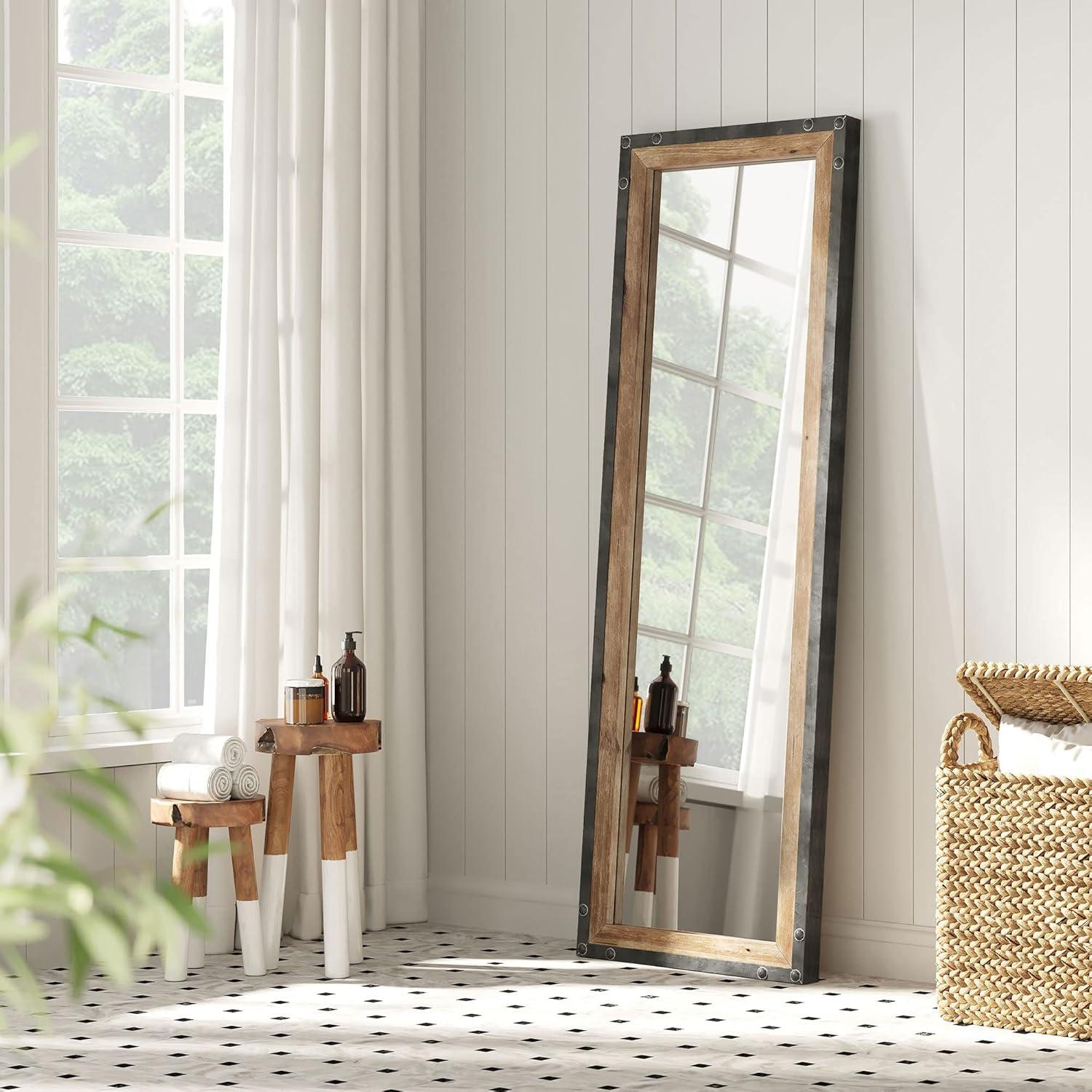 Rustic Brown Wood and Metal Full Length Leaner Mirror