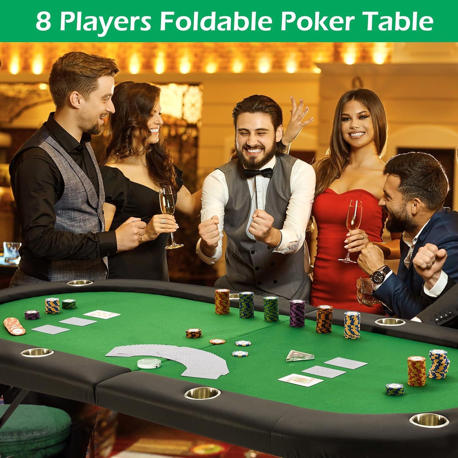 Folding Poker Table for 8 Players, Card Table with Cup Holder, Casino Leisure Table with Green Felt Surface for Blackjack Board Games