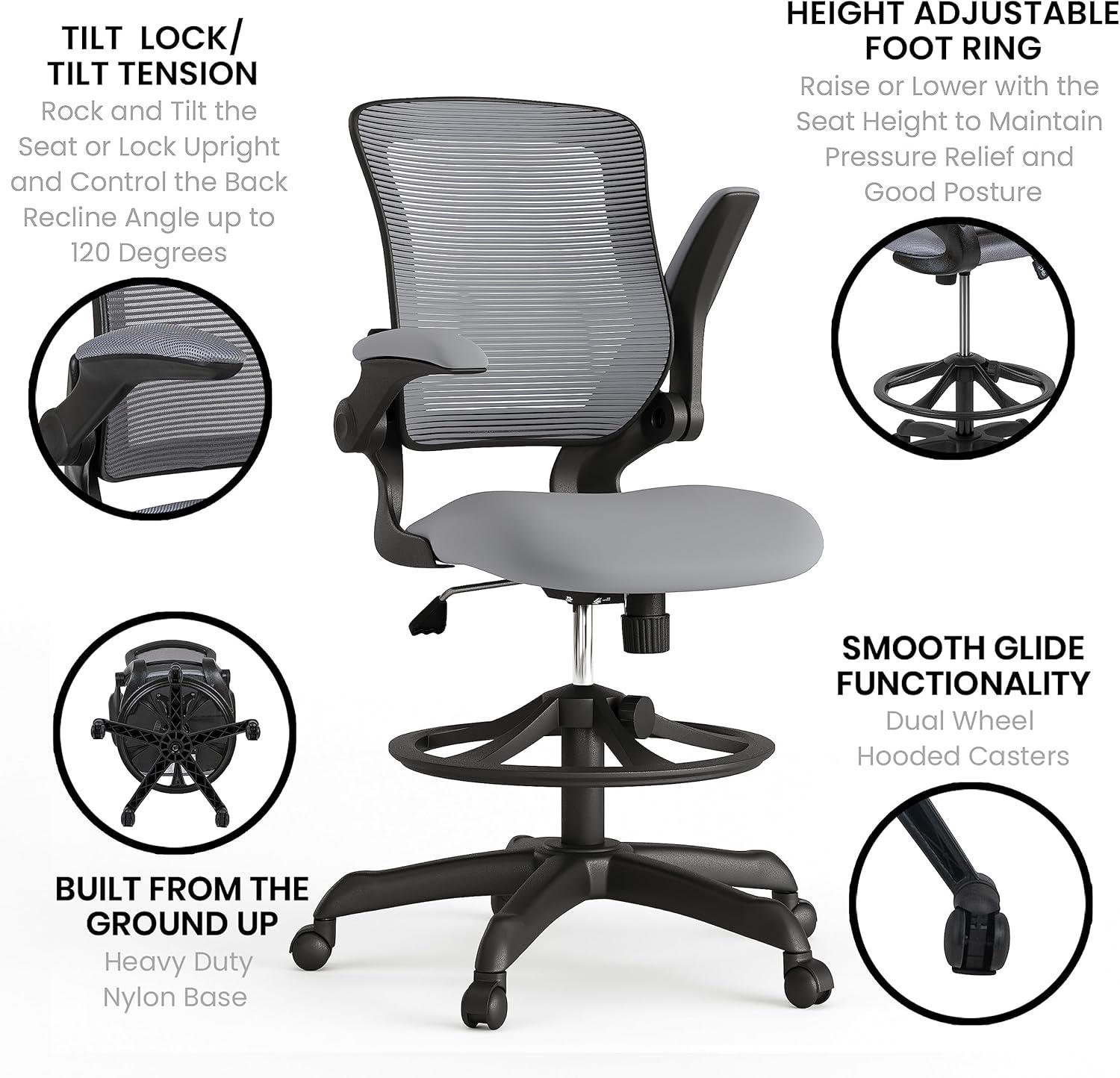 Mid-Back Mesh Ergonomic Drafting Chair with Foot Ring and Flip-Up Arms
