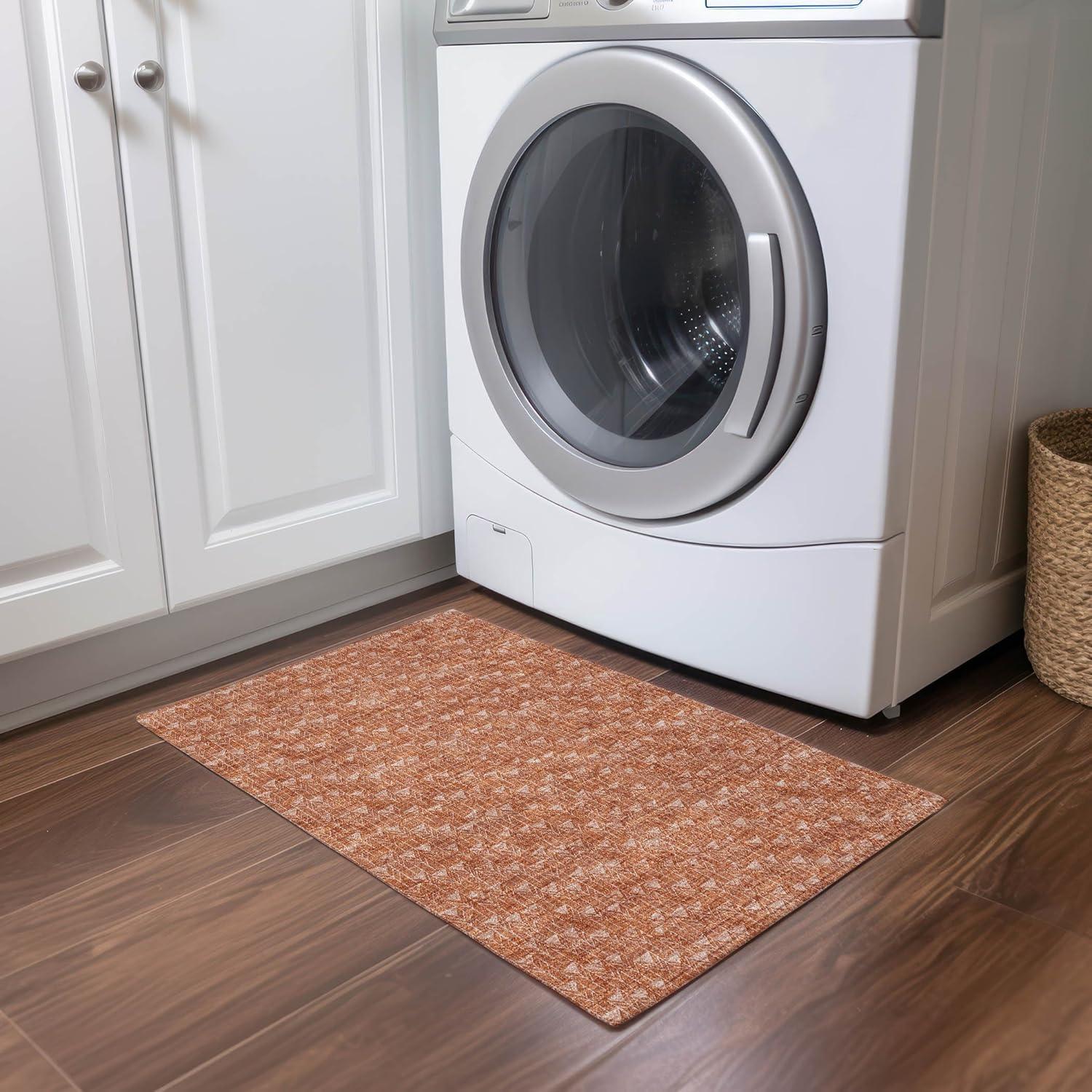 Terracotta Geometric Synthetic Washable Rectangular Rug