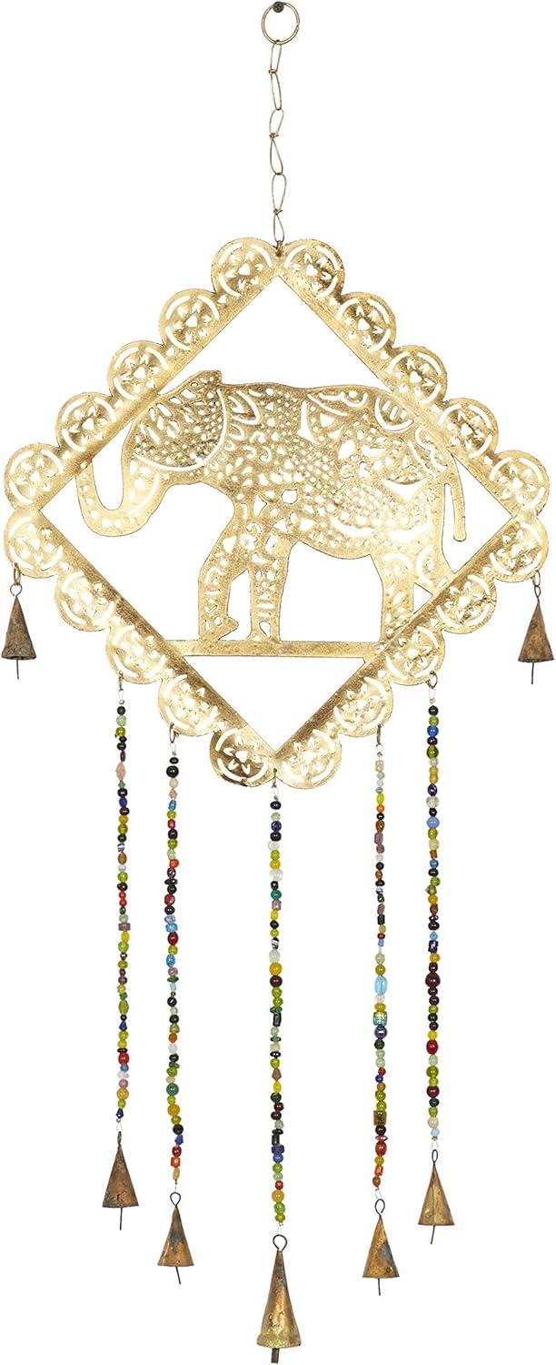 DecMode 29" Gold Metal Elephant Windchime with Glass Beads and Cone Bells