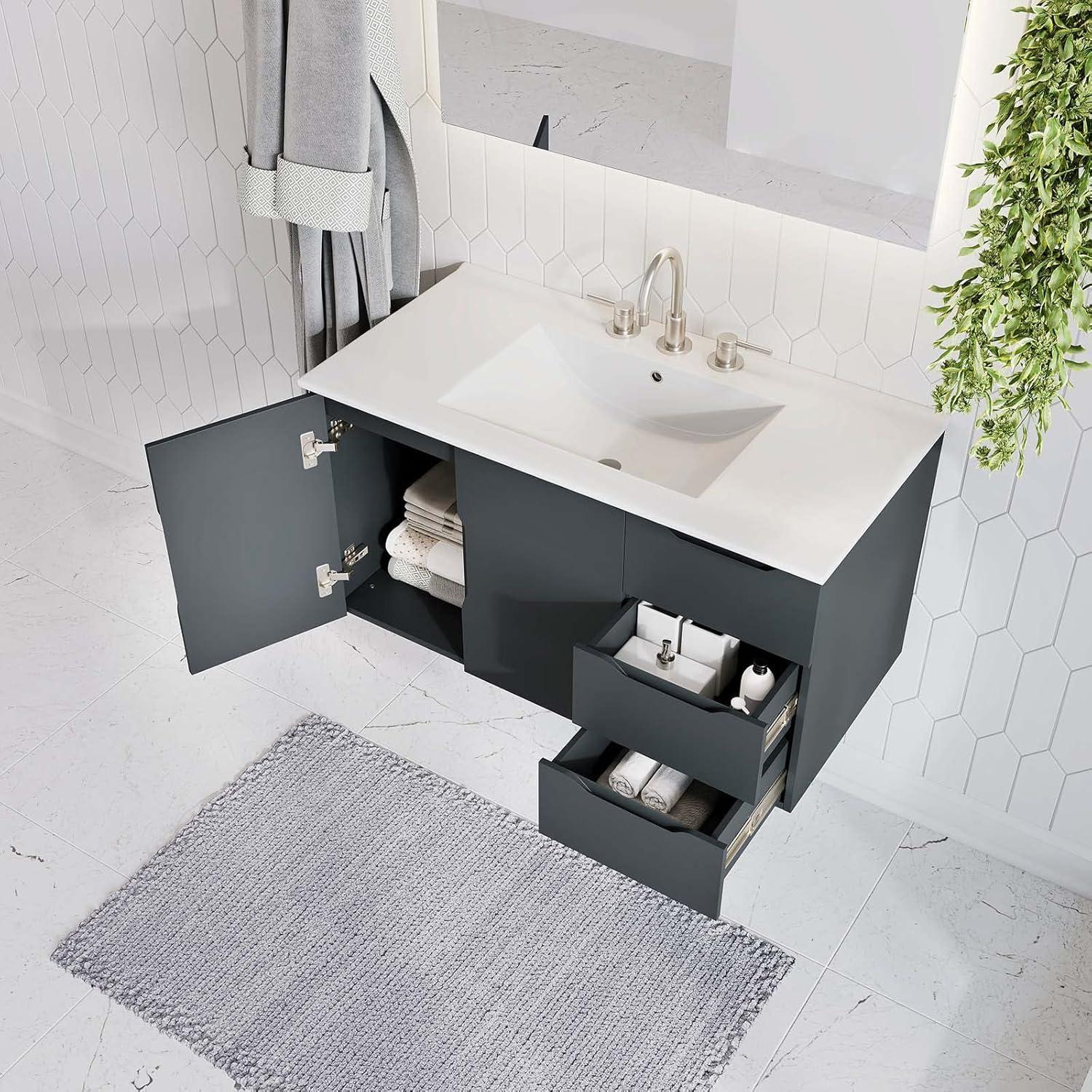 Sleek Gray and White 36" Wall-Mount Modern Bathroom Vanity