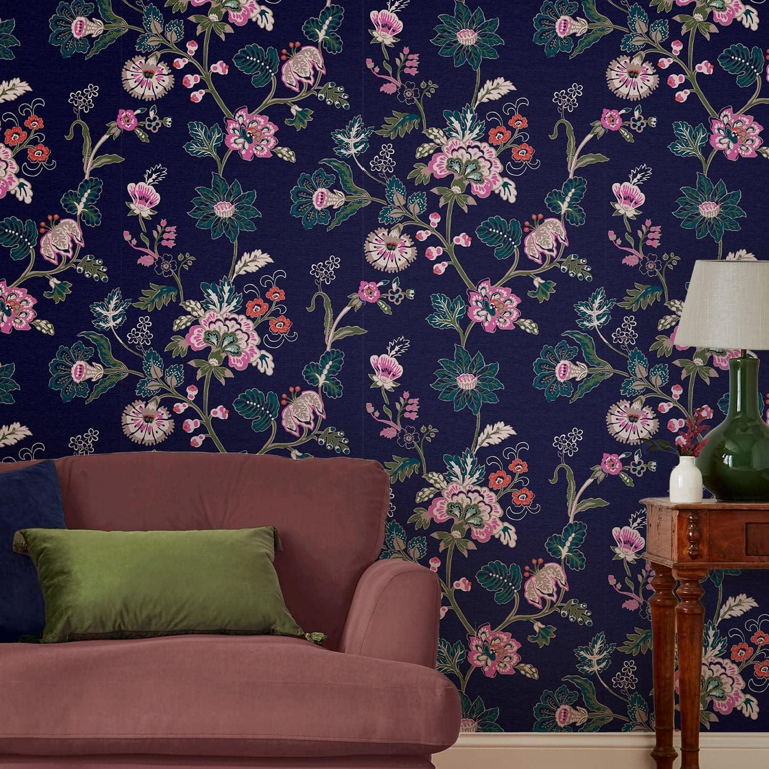 Royal Navy Floral Non-Woven Removable Wallpaper