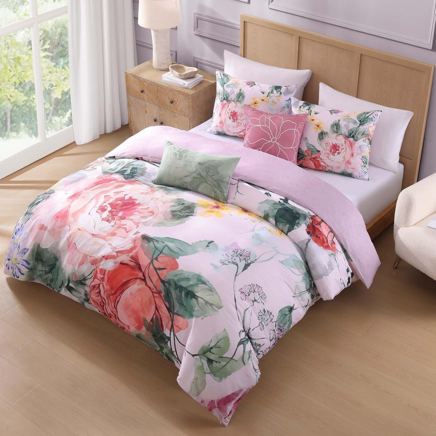BeBeJan Bebejan Cool Pink Roses 200 Thread Count 100% Cotton Sateen 5-Piece Reversible Comforter Set