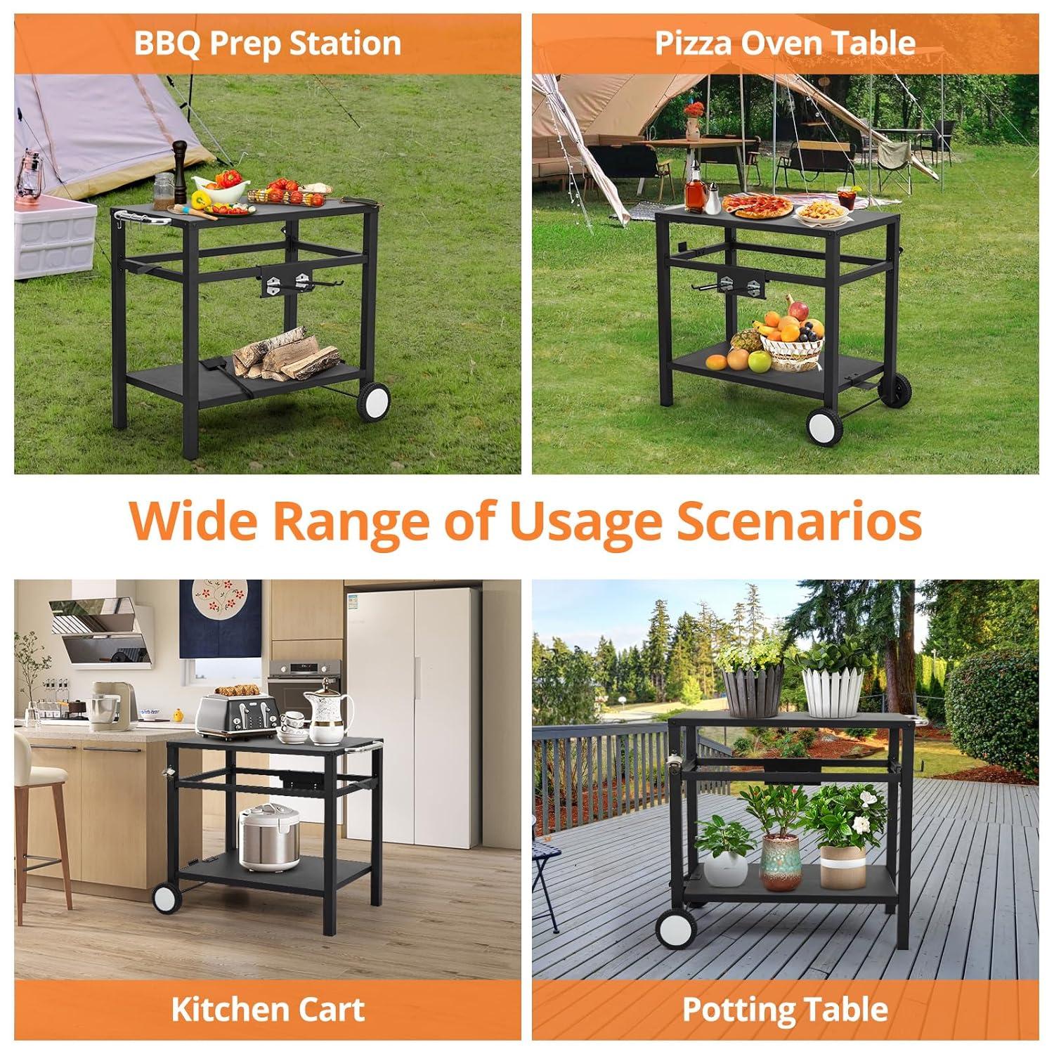 Outvita Outdoor Grill Cart, Movable Food Prep and Work Cart Table, Pizza Oven Stand Table with Wheels, Indoor & Outdoor Multifunctiona BBQ Cart with Mesh Racks for Home Party Camping