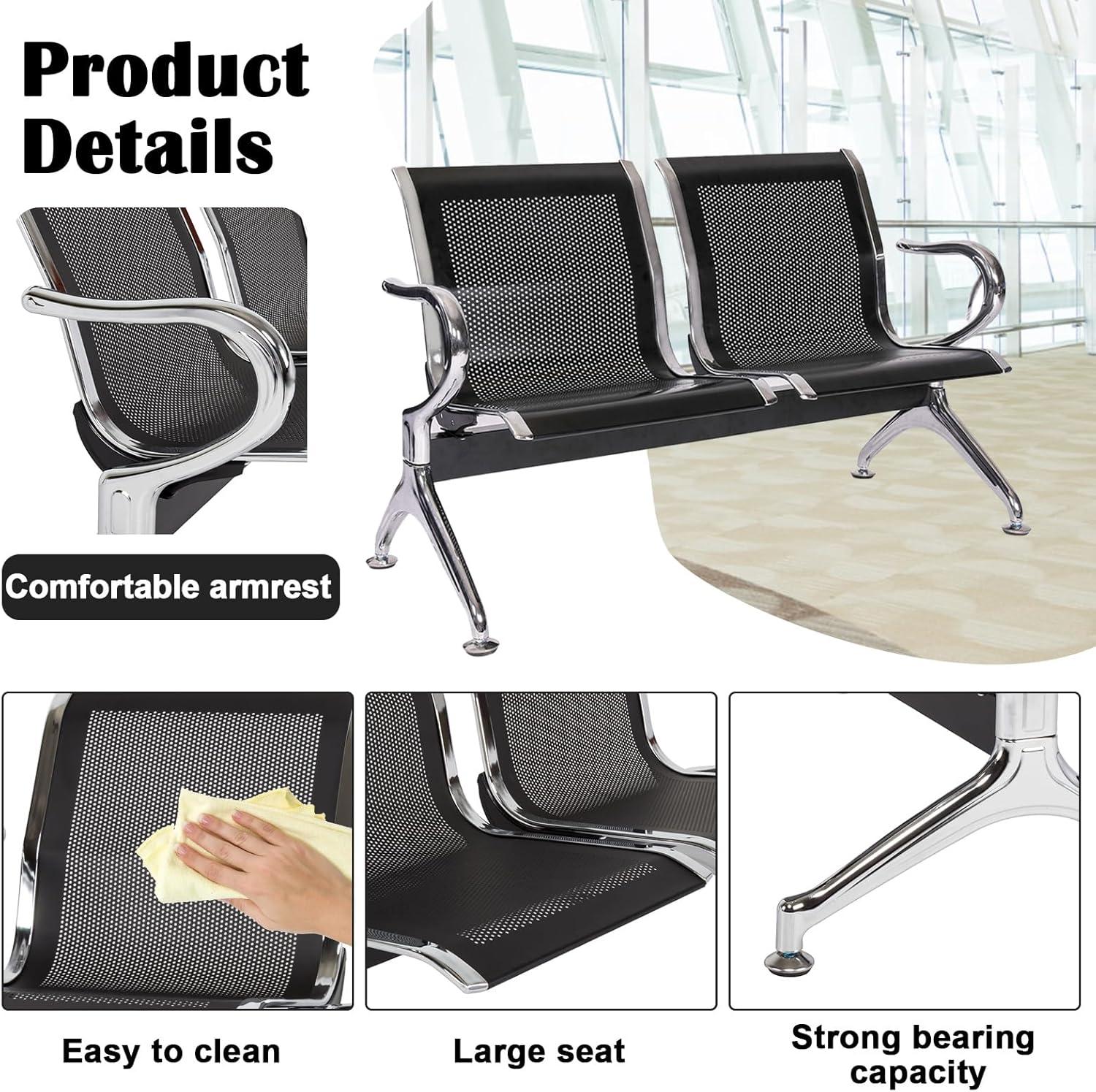 Kinbor Waiting Room Chairs, 3-Seat Reception Chairs Office Guest Waiting Furniture Bench Seating for Airport Bank Hospital, Black