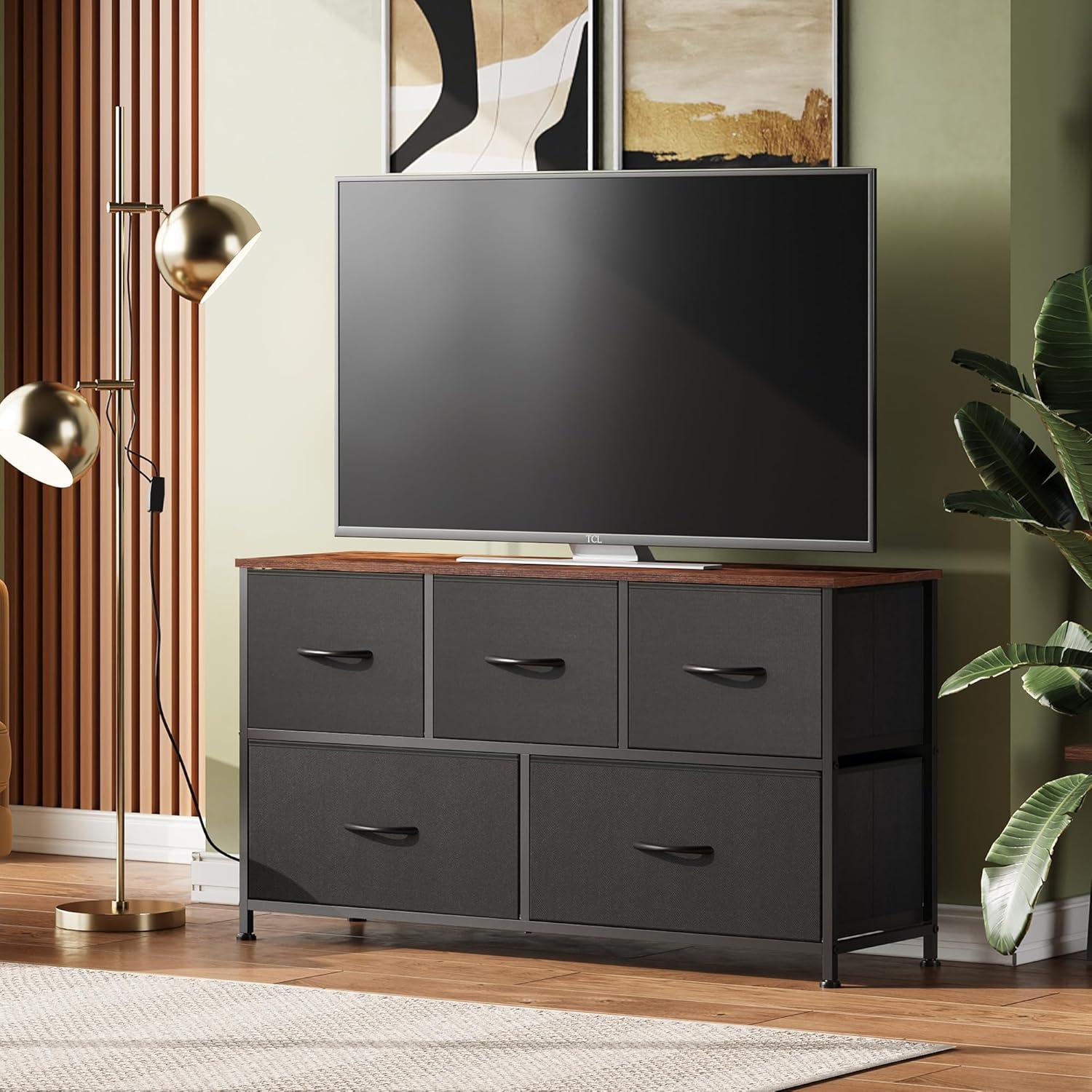 Black and Rustic Brown 5-Drawer Fabric Dresser with Steel Frame