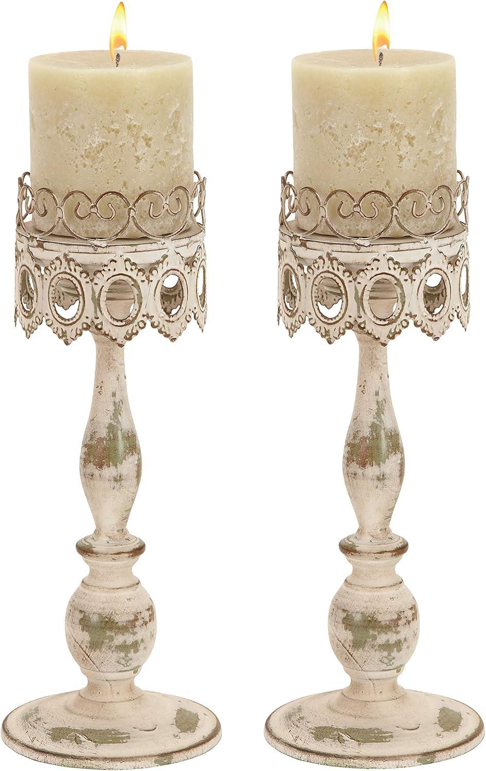 DecMode 2 Candle Beige Metal Candle Holder, Set of 2