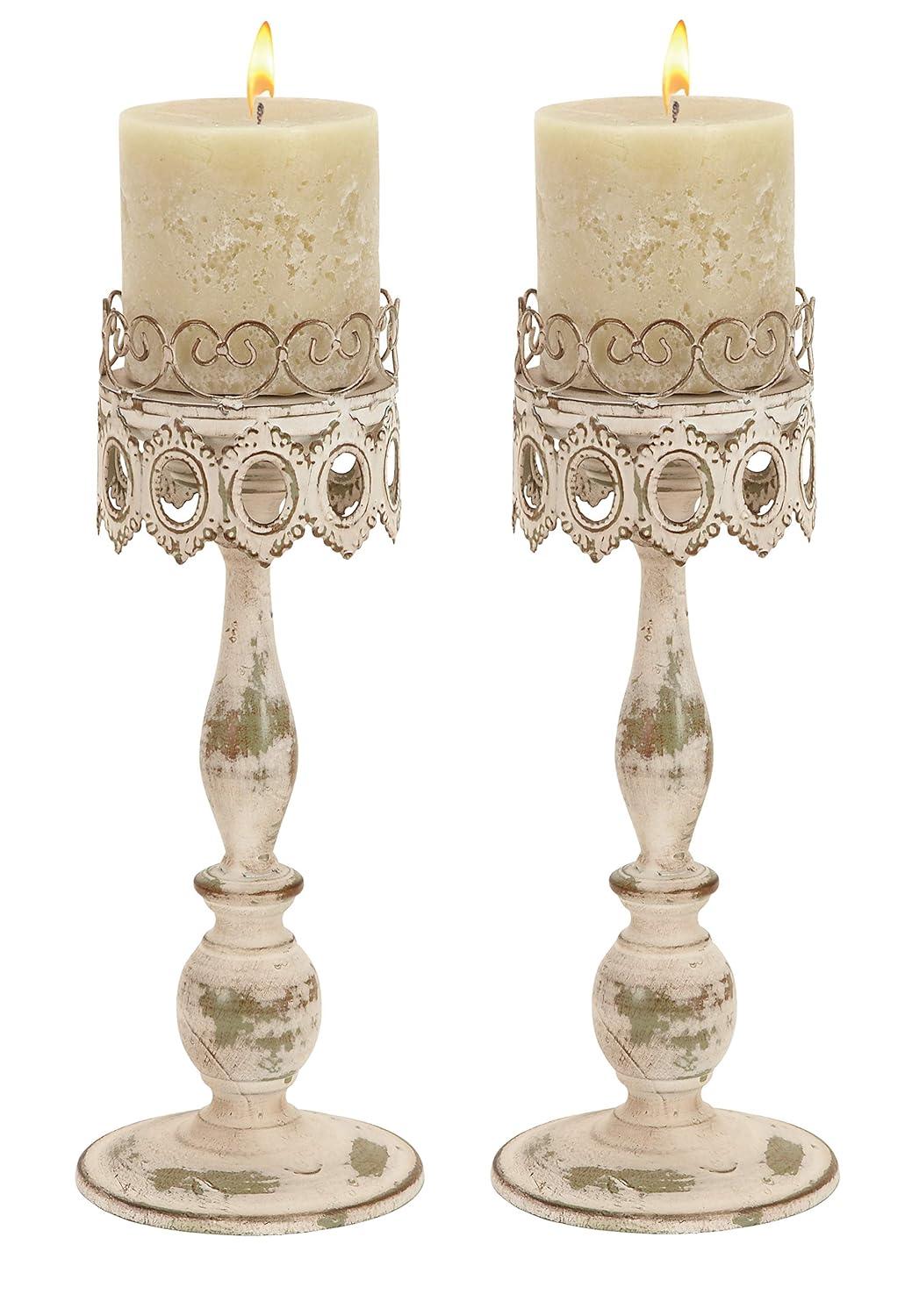 DecMode 2 Candle Beige Metal Candle Holder, Set of 2