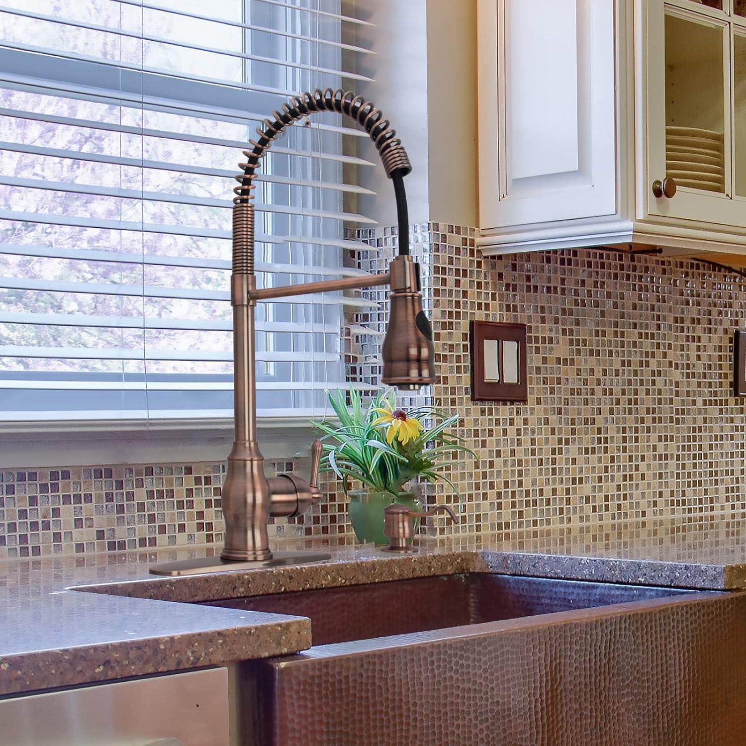 Akicon Pre-Rinse Spring Kitchen Faucet, Single Level with Pull Down Sprayer Copper Copper Finish