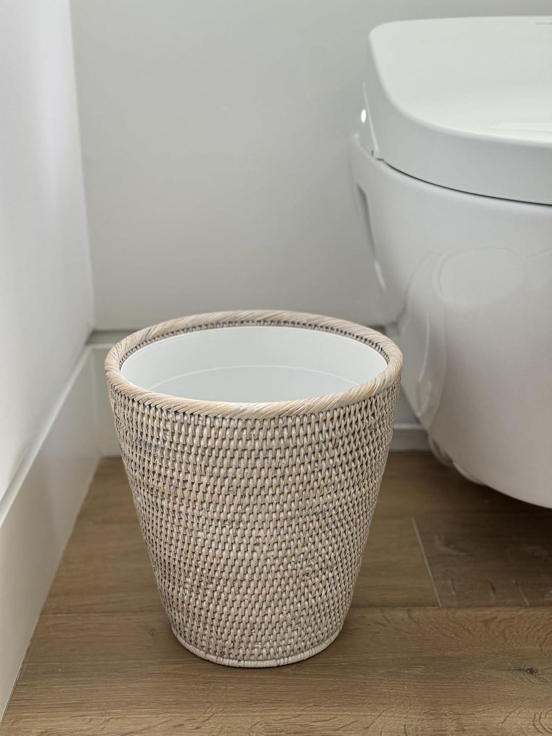 Kouboo La Jolla Rattan Waste Basket With Plastic Insert, Handmade, Trash Can, Small Rattan Bin For Bedroom, Bathroom, White Wash