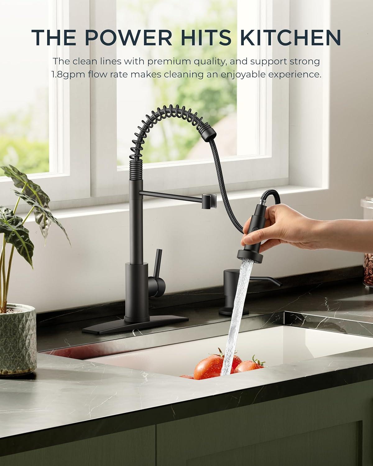 Matte Black Stainless Steel Pull Down Kitchen Faucet with Soap Dispenser