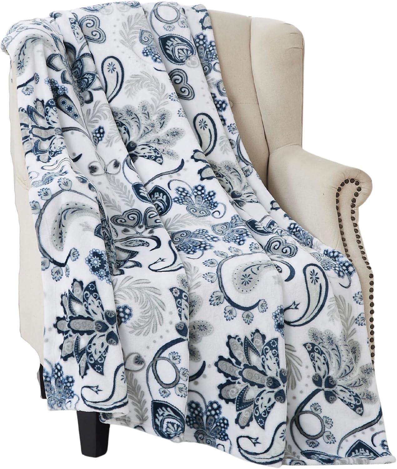 Navy and White Floral Fleece Throw Blanket, 50 x 70 inches