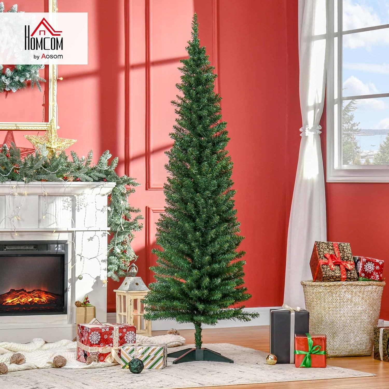 HOMCOM 6 FT Tall Unlit Slim Fir Artificial Christmas Tree with Realistic Branches, and 583 Tips, Green