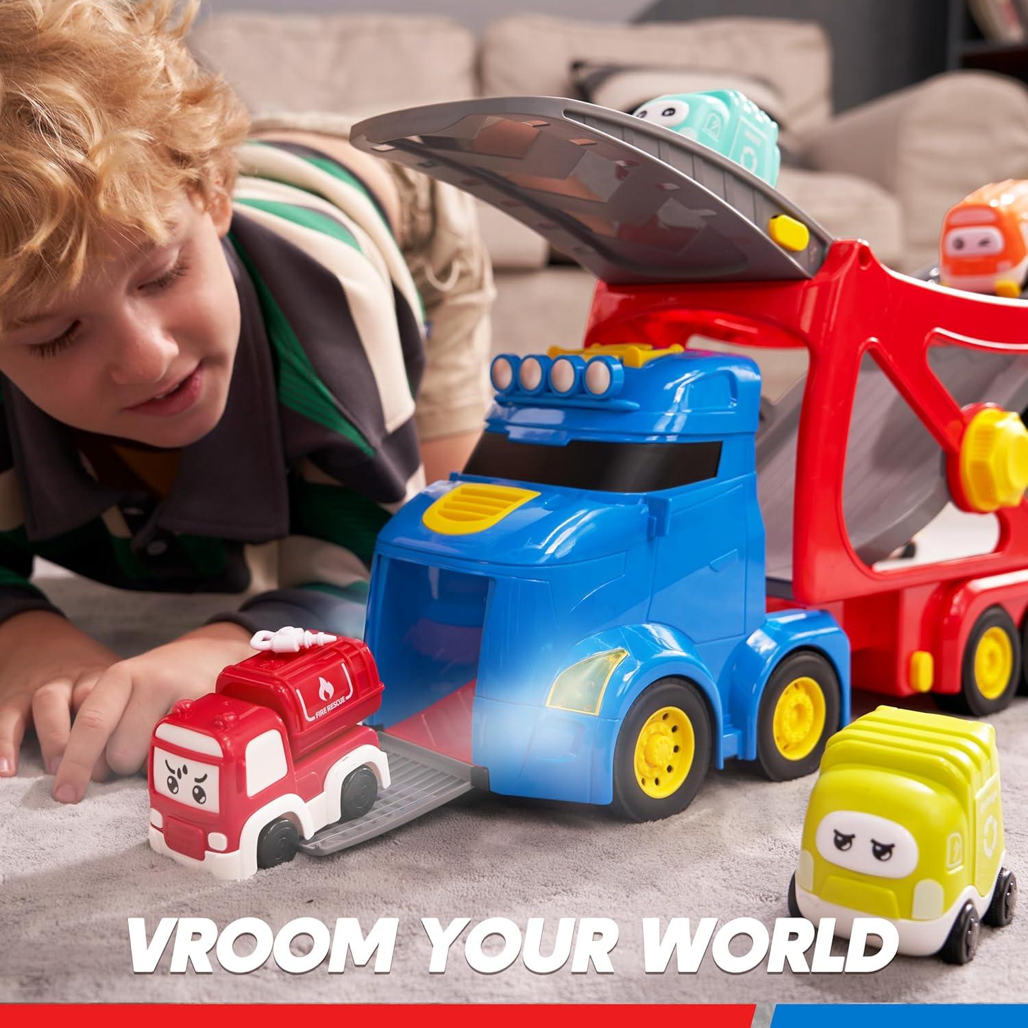 Extra Large Toy Trucks for Toddlers, 3-Layer City Trucks for 2 3 4 Year Old Kids, 7-in-1 Big Transport Vehicle Carrier Truck with Siren & Lights and 6 Toy Cars, Birthday Gifts for Boys Girls
