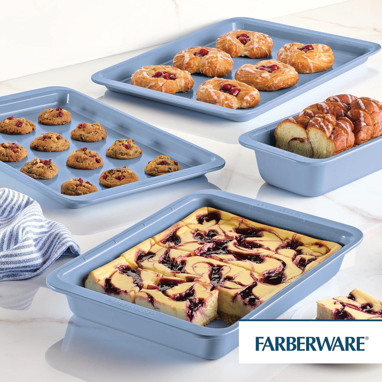 Farberware Easy Solutions Nonstick Bakeware Set, Two Cookie  Pans, Loaf Pan / Bread Pan, Cake Baking Pan, 4 Piece, Blue