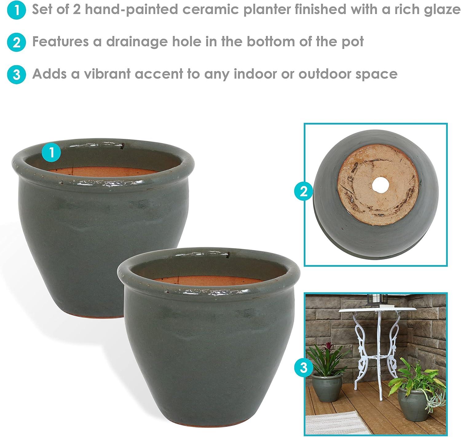 Sunnydaze Chalet Outdoor/Indoor High-Fired Glazed UV- and Frost-Resistant Ceramic Planters with Drainage Holes - 2-Pack