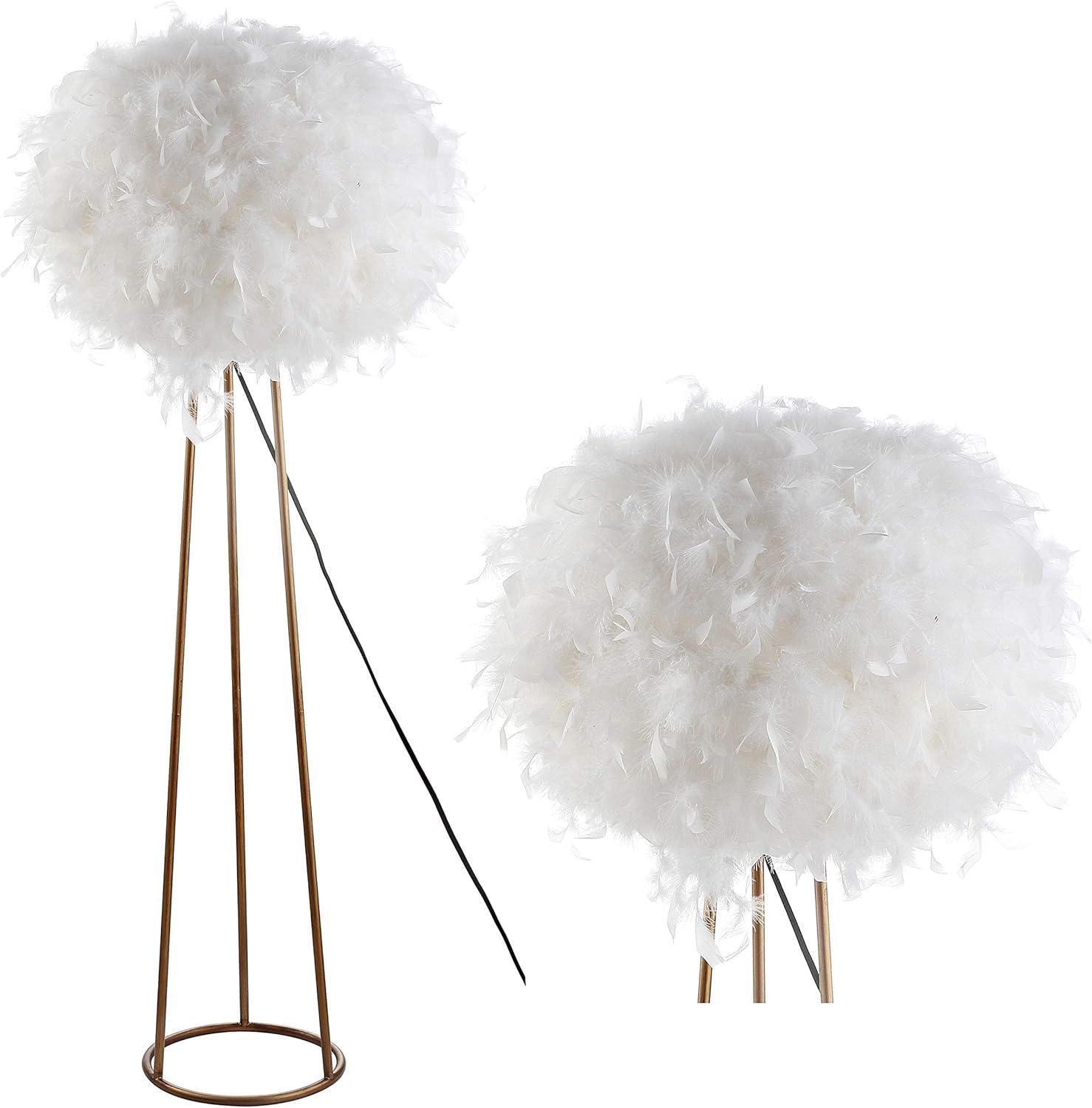 Glam 52" Arc White Feather Globe Shade Floor Lamp in Gold