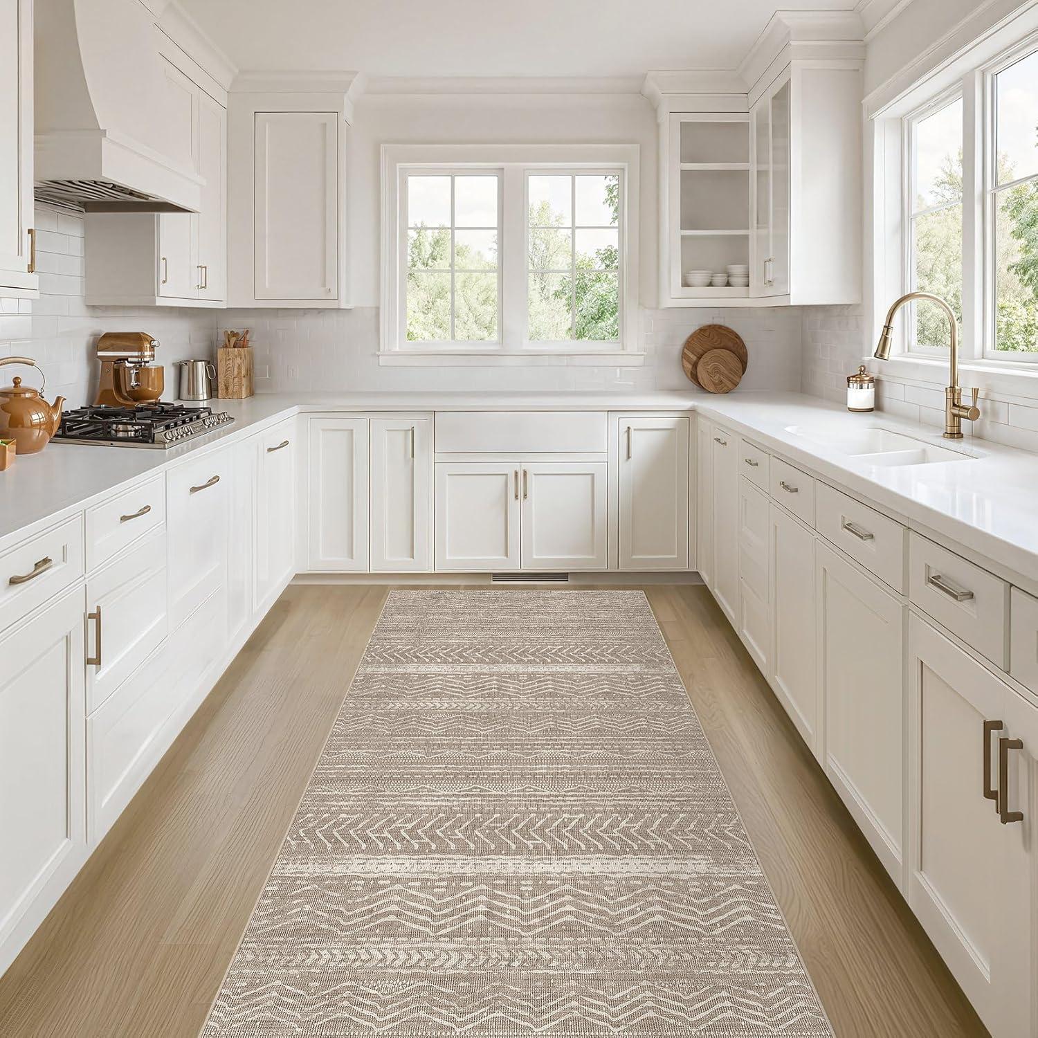 FairOnly 9'x12' Brown White Area Rugs Machine Washable Vintage Rugs for Bathroom Geometric Moroccan Ultra-Thin Area Rugs for Family Room Living Room Carpet