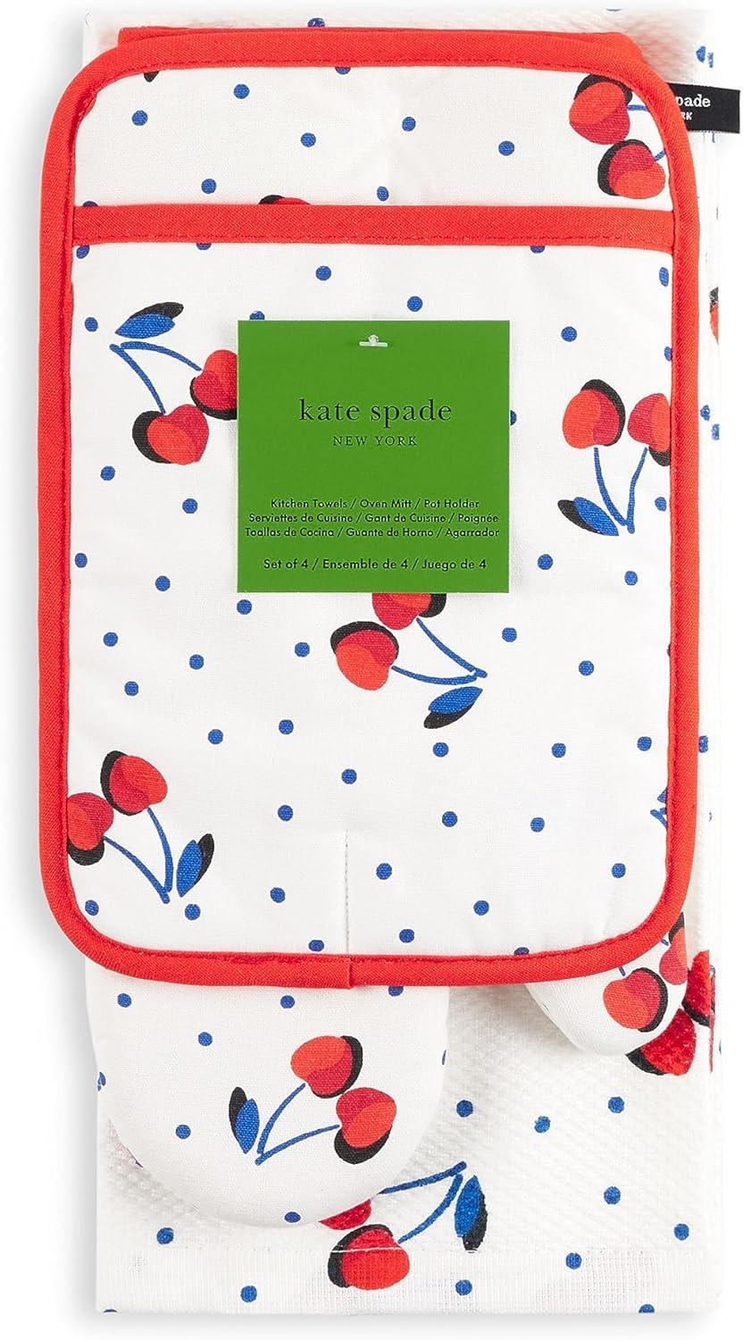 Kate Spade New York Cherry Dot Kitchen Towel, Oven Mitt & Pot Holder 4-Pack, Absorbent & Heat Resistant, 100% Cotton