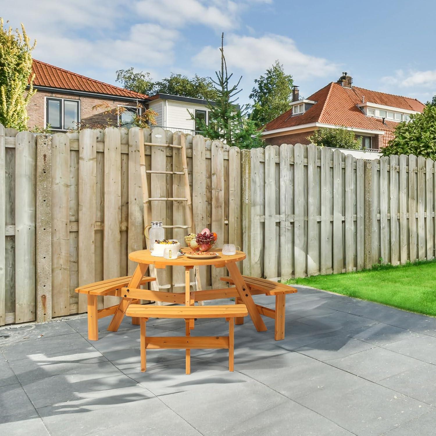Best Choice Products 6-Person Circular Outdoor Wooden Picnic Table w/ 3 Built-In Benches, 500lb Capacity - Natural