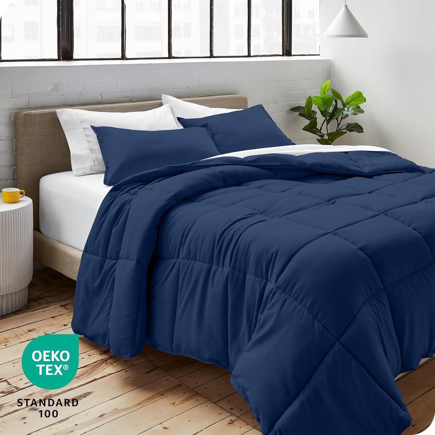 Queen Comforter Set 5Pc Down Alternative Ultra Soft Solid Comforters with Shams, Decorative Pillow & Bed Skirt - Navy