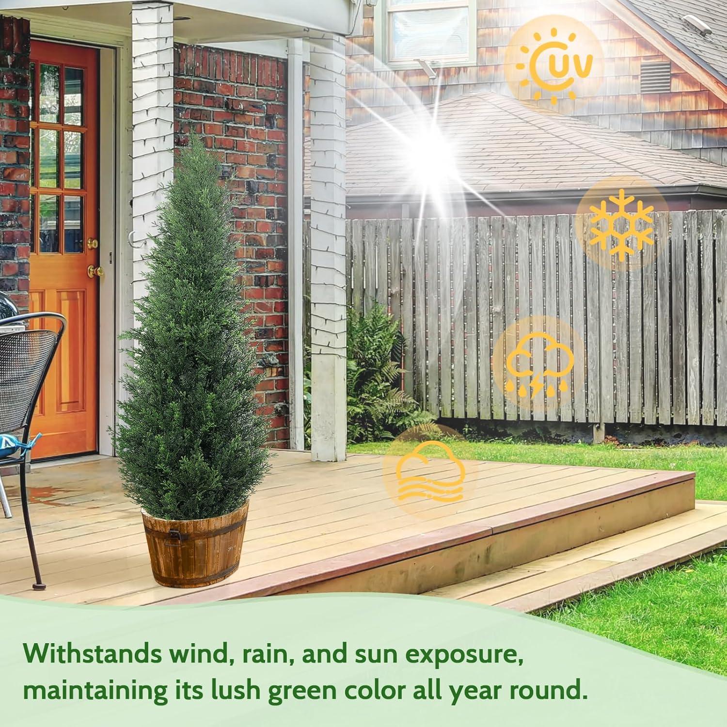 4FT 2-Pack Artificial Cedar Topiary Trees UV Resistant Potted Shrubs Fake Plants, Faux Pine Tree Plant for Home Office Garden Front Porch Patio Indoor Outdoor Party Wedding  Decor