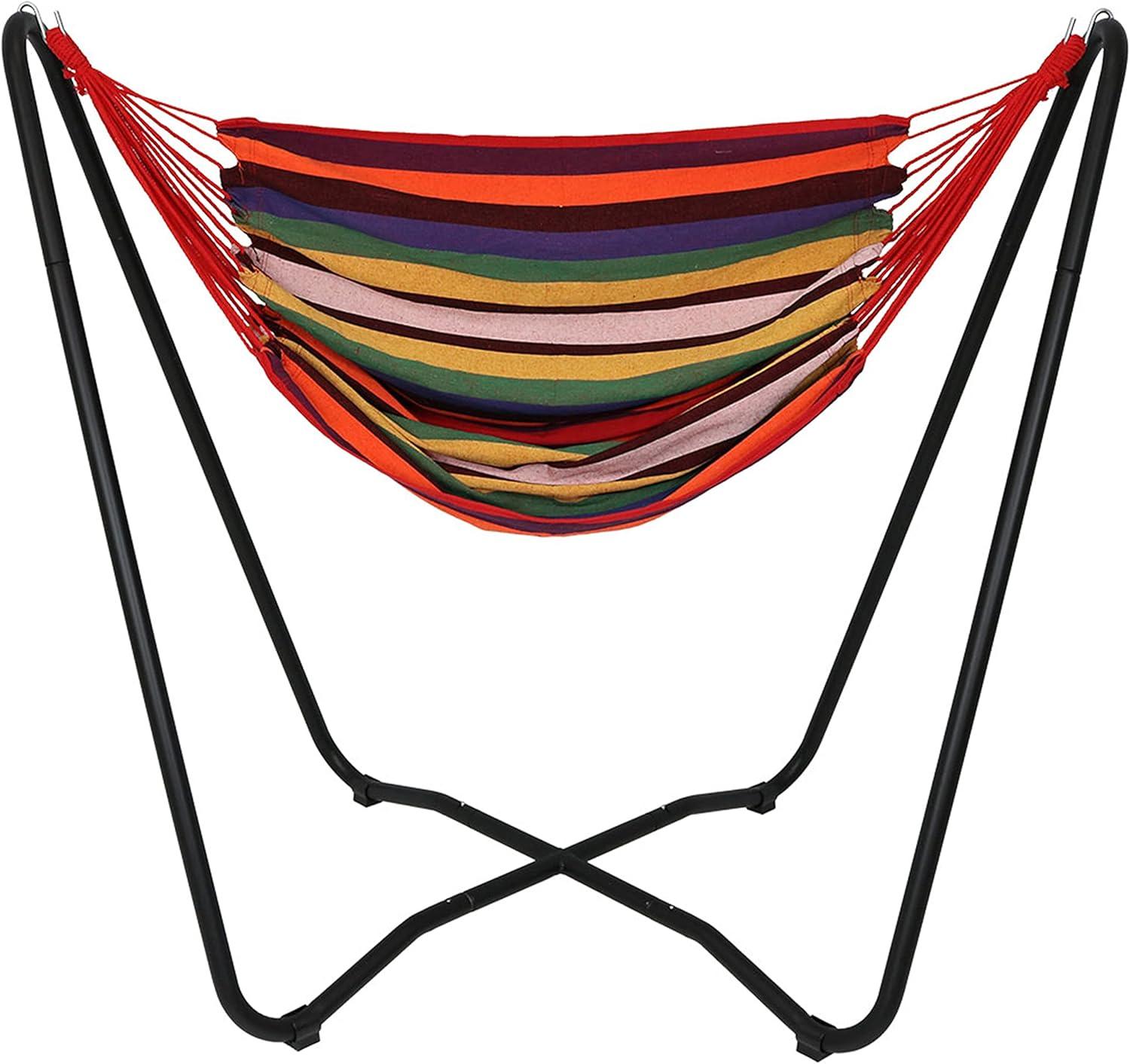 Sunnydaze Hanging Rope Hammock Chair with Space-Saving Stand - 330 lb Weight Capacity - Sunset