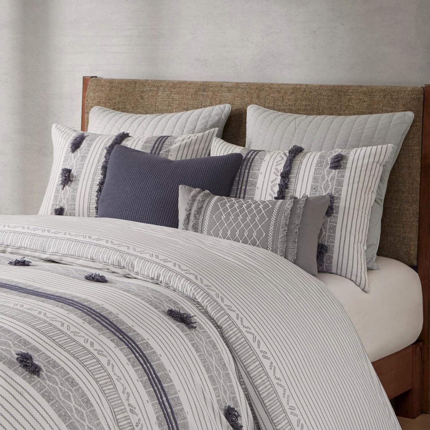Ink+Ivy 3pc Full/Queen Cody Cotton Duvet Cover Set Gray/Navy: Woven Stripe, Lightweight, OEKO-TEX Certified