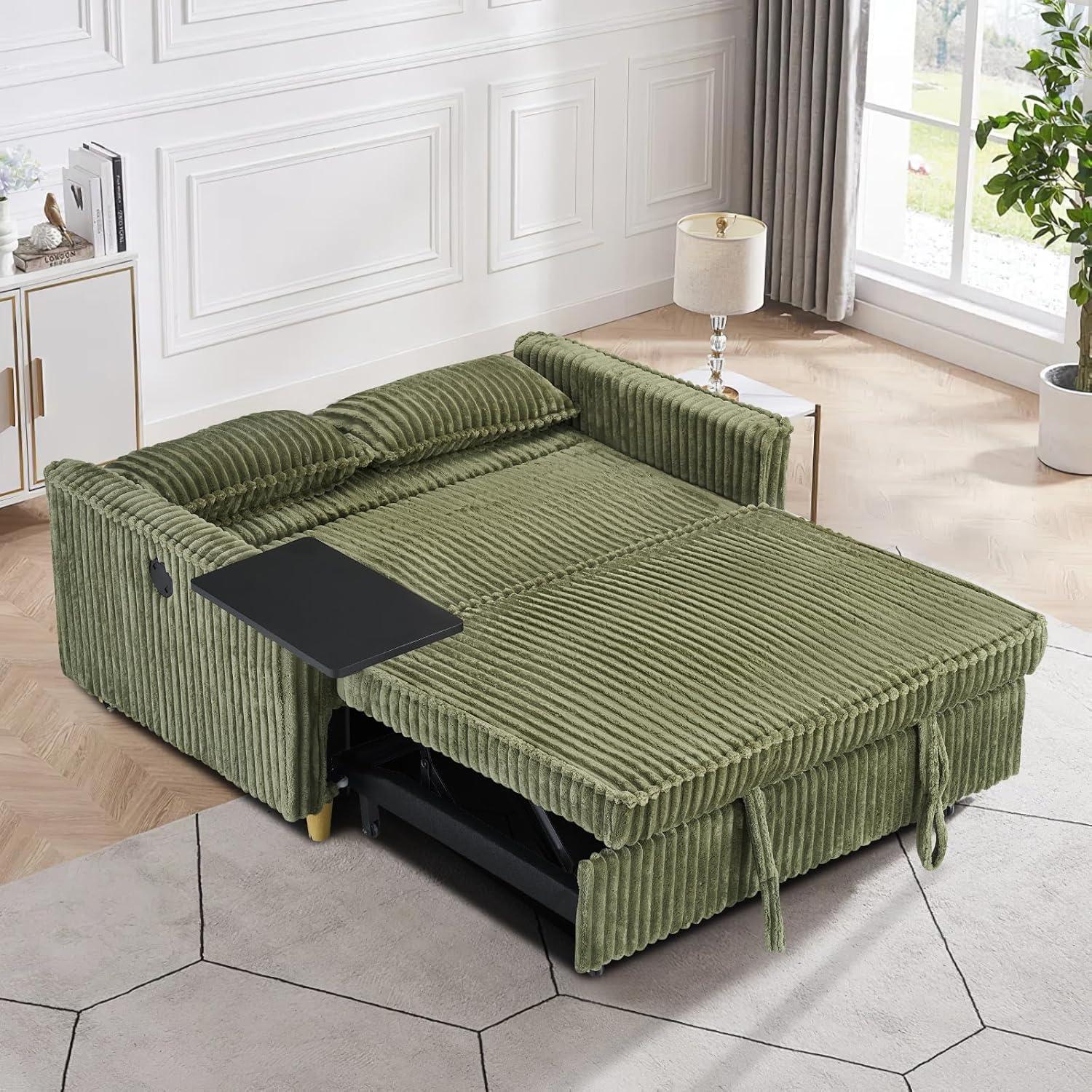 54"W Convertible Sleeper Sofa Bed,3-In-1 Corduroy Pull Out Couch Bed,Futon Loveseat Sleeper Couch with Adjustable Backrest and USB Ports & Side Table,Recliner for Living Room,Office,Small Space,Green
