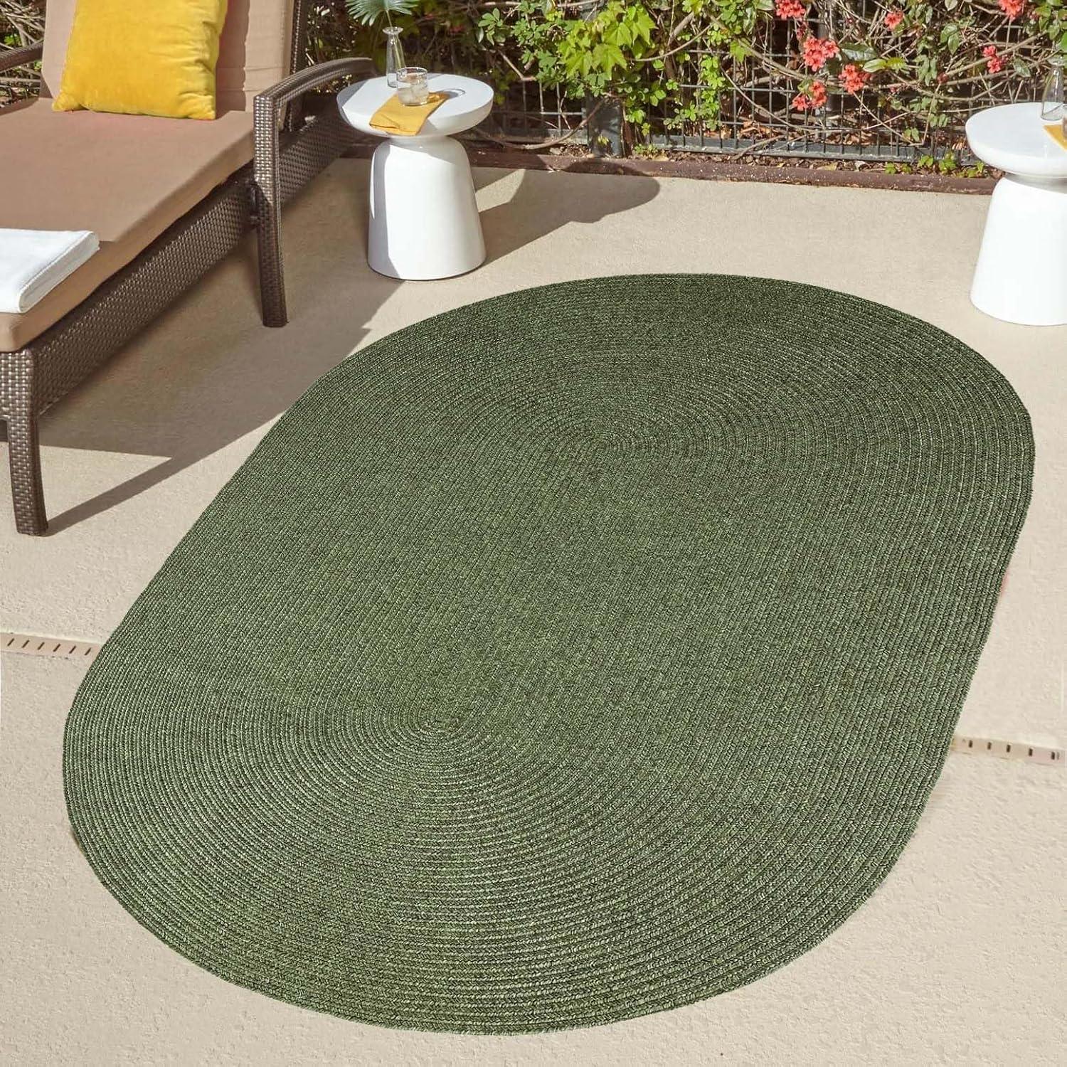 Green Braided Oval Synthetic Area Rug 5' x 8' - Easy Care & Reversible