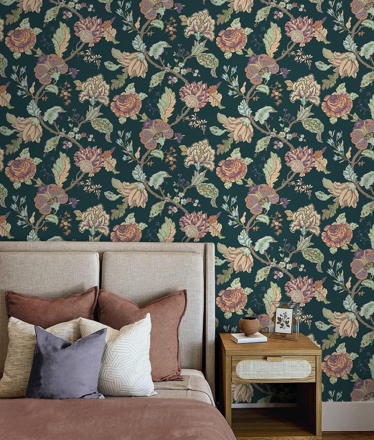 Seabrook Designs  Lana Jacobean Prepasted Wallpaper 20.5 in W x 33 ft. L - Victorian Jade