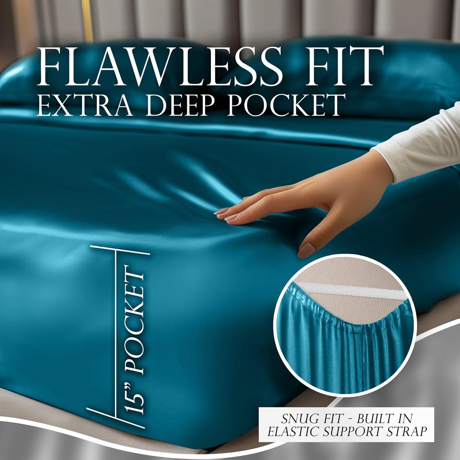 Sea Teal Satin Queen Sheet Set with Deep Pockets