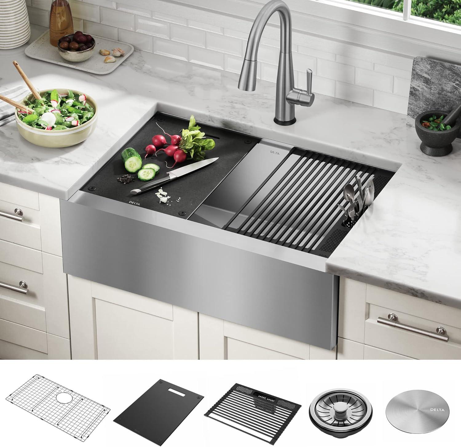 Delta Rivet™ 30" L Workstation Farmhouse Apron Front Kitchen Sink Undermount 16 Gauge Stainless Steel Single Bowl