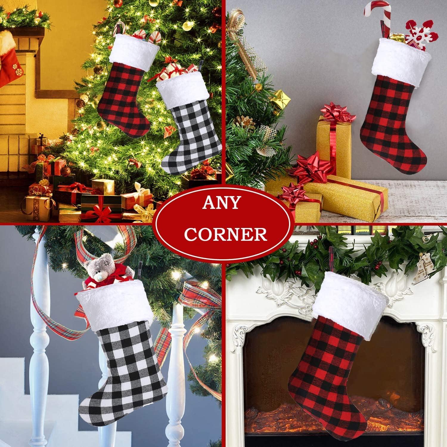 TinyGlam  Christmas Red Black Buffalo Plaid Stockings,6 Pack 18 Inches Large Plaid Stockings with Plush Cuff,Classic Christmas Stockings Decorations for Fireplace Hanging and Holiday Décor