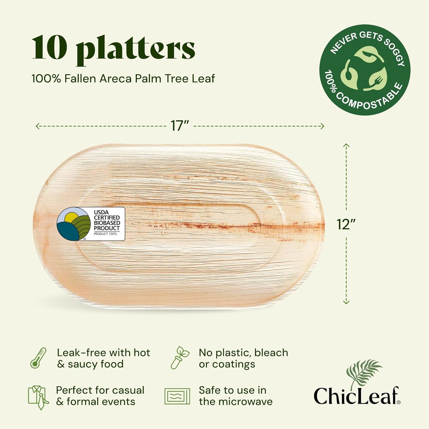 Chic Leaf Disposable Palm Leaf Trays, 17" x 12", 10 Pack, Compostable, Eco-Friendly Platters Charcuterie Board