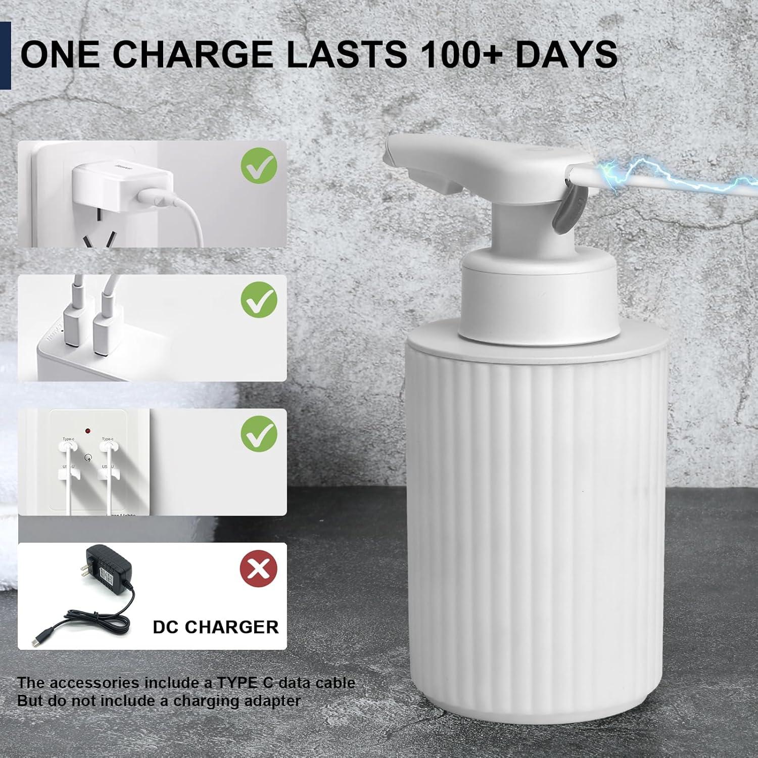 Automatic Soap Dispenser Liquid Touchless: 9oz White Plastic - Rechargeable Electric Smart 3 Level Adjustable Auto Hand Soap Dispenser - Dish Bathroom Kitchen