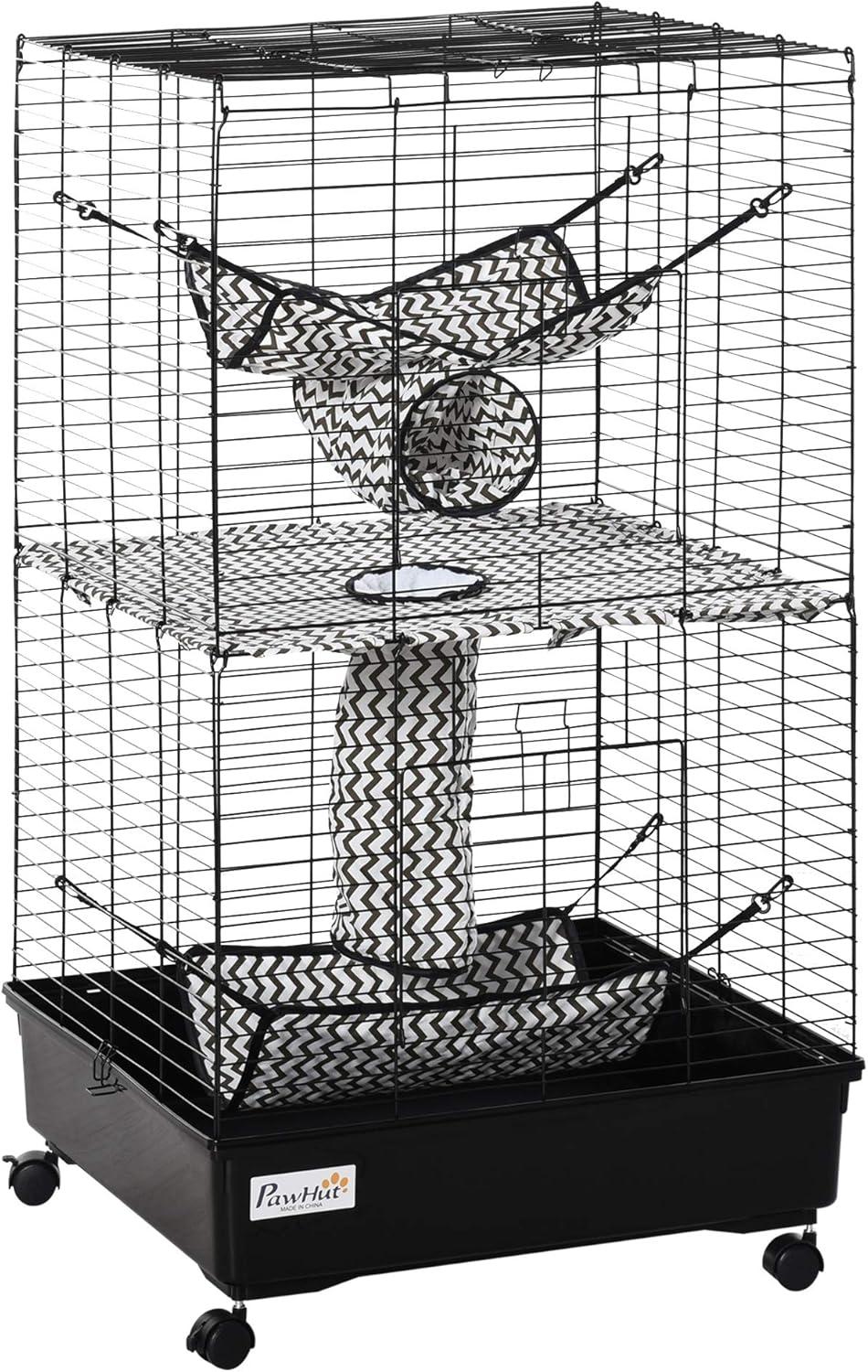 PawHut Small Animal Cage Habitat for Ferret with Wheels Hammocks Tunnels and 3 Doors, Black